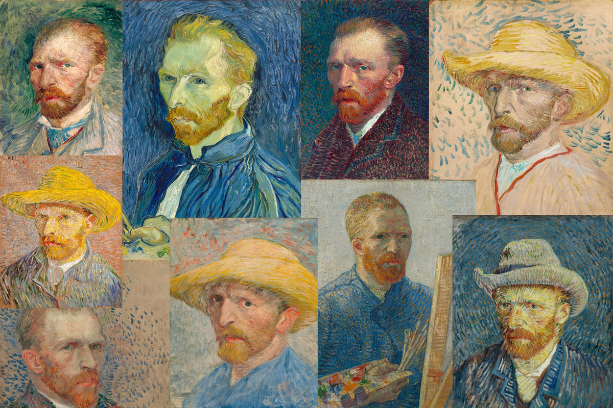 Ni selvportrætter af Vincent van Gogh, de fleste malet i Paris mellem 1886 og 1888, flere med stråhat