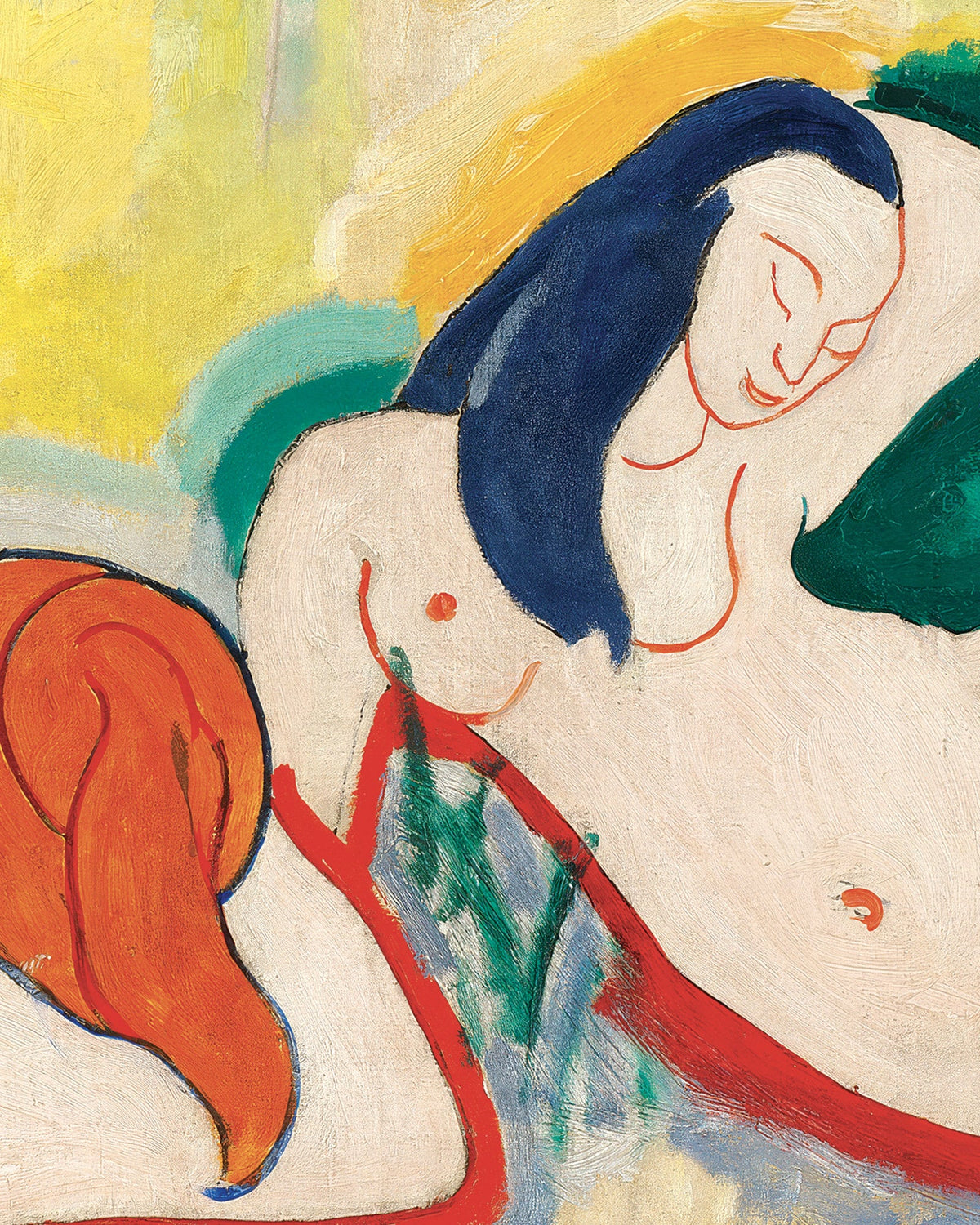 Udsnit af et maleri af Henri Matisse: en liggende nøgen kvinde med mørkeblåt hår mod gult, grønt og rødt