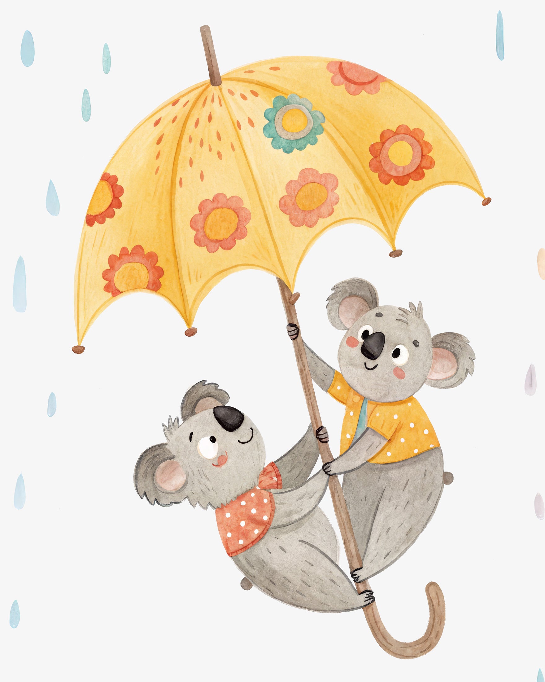Koalaer med Paraply Poster - Vægsdekoration til Børneværelset
