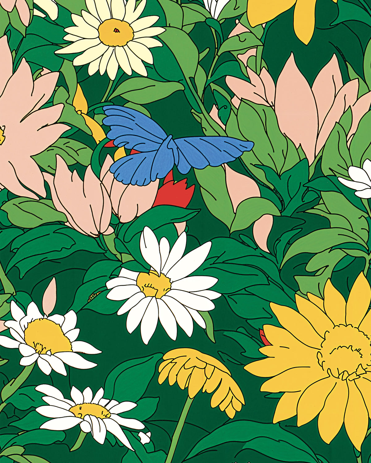 A colorful floral pattern illustration featuring white and yellow daisies, pink flowers, green leaves, and a blue butterfly on a dark green background.