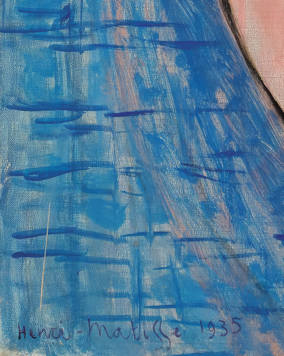 An abstract painting by Henri Matisse detail featuring textured blue and teal brushstrokes with a vertical pink area on the right and a handwritten signature reading 'Henri Matisse 1935' at the bottom left.