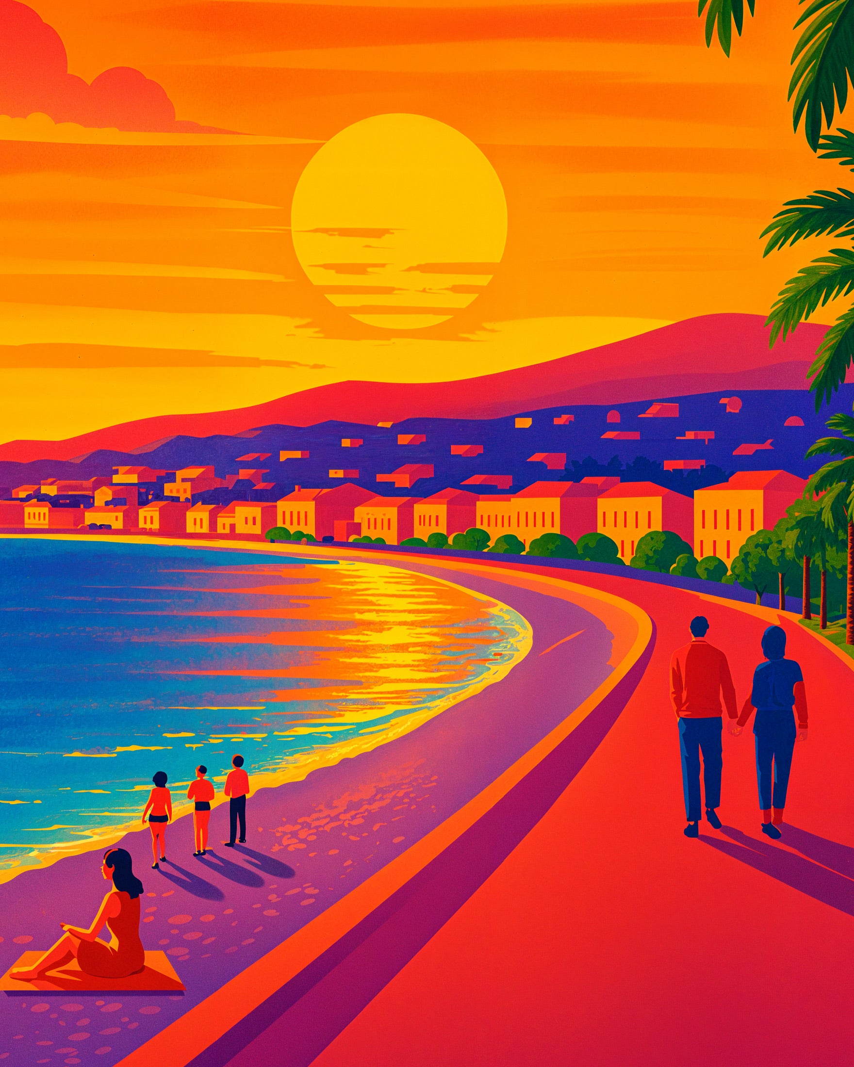 Vibrant vector-style illustration of a coastal sunset scene with a large yellow sun over blue water, a curved promenade, silhouetted figures walking and sitting, and hills with buildings in the background.
