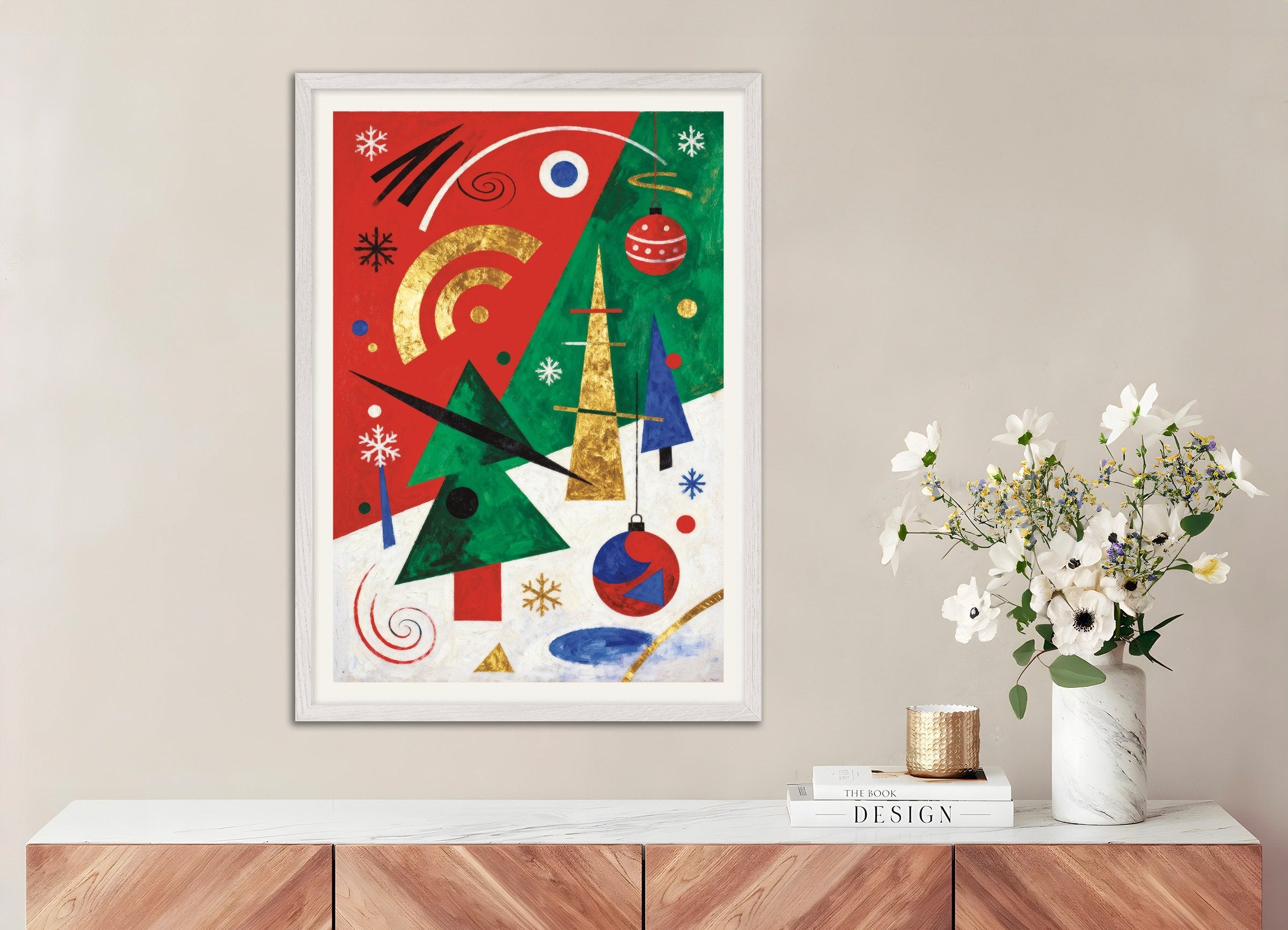 Poster of Abstract Christmas art print, with white wooden frame