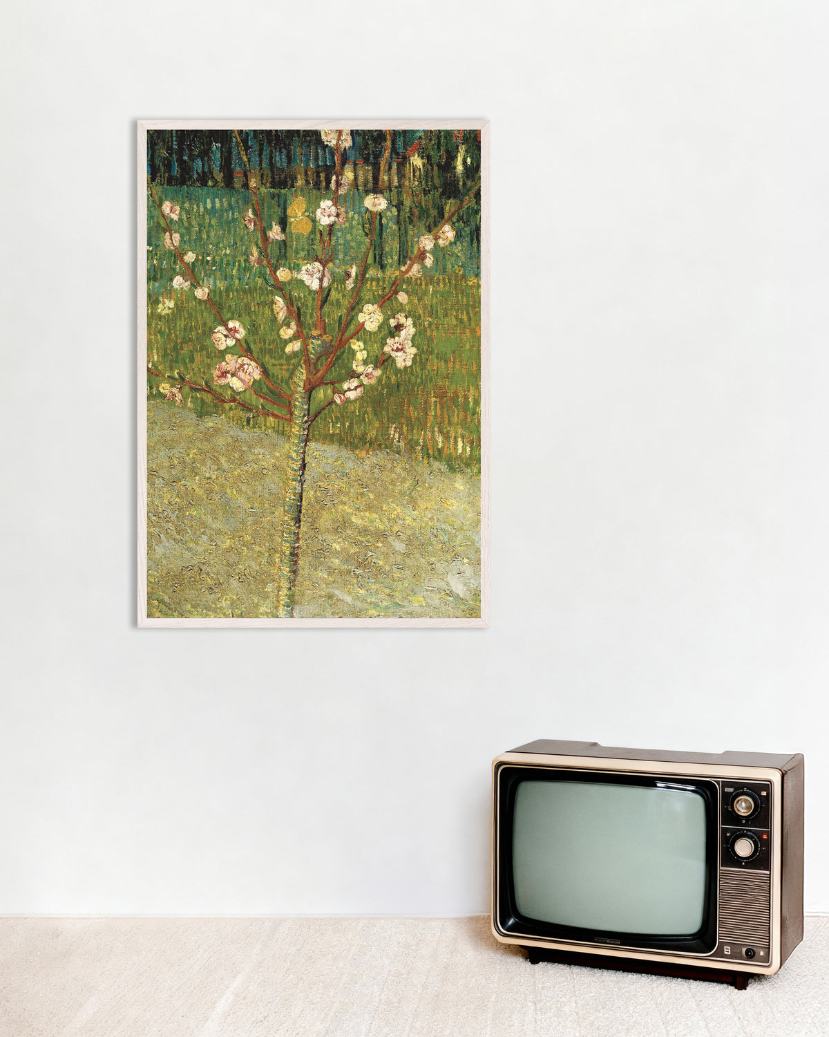 Poster af Mandeltræ i blomst (1888) af Vincent van Gogh med hvid træramme