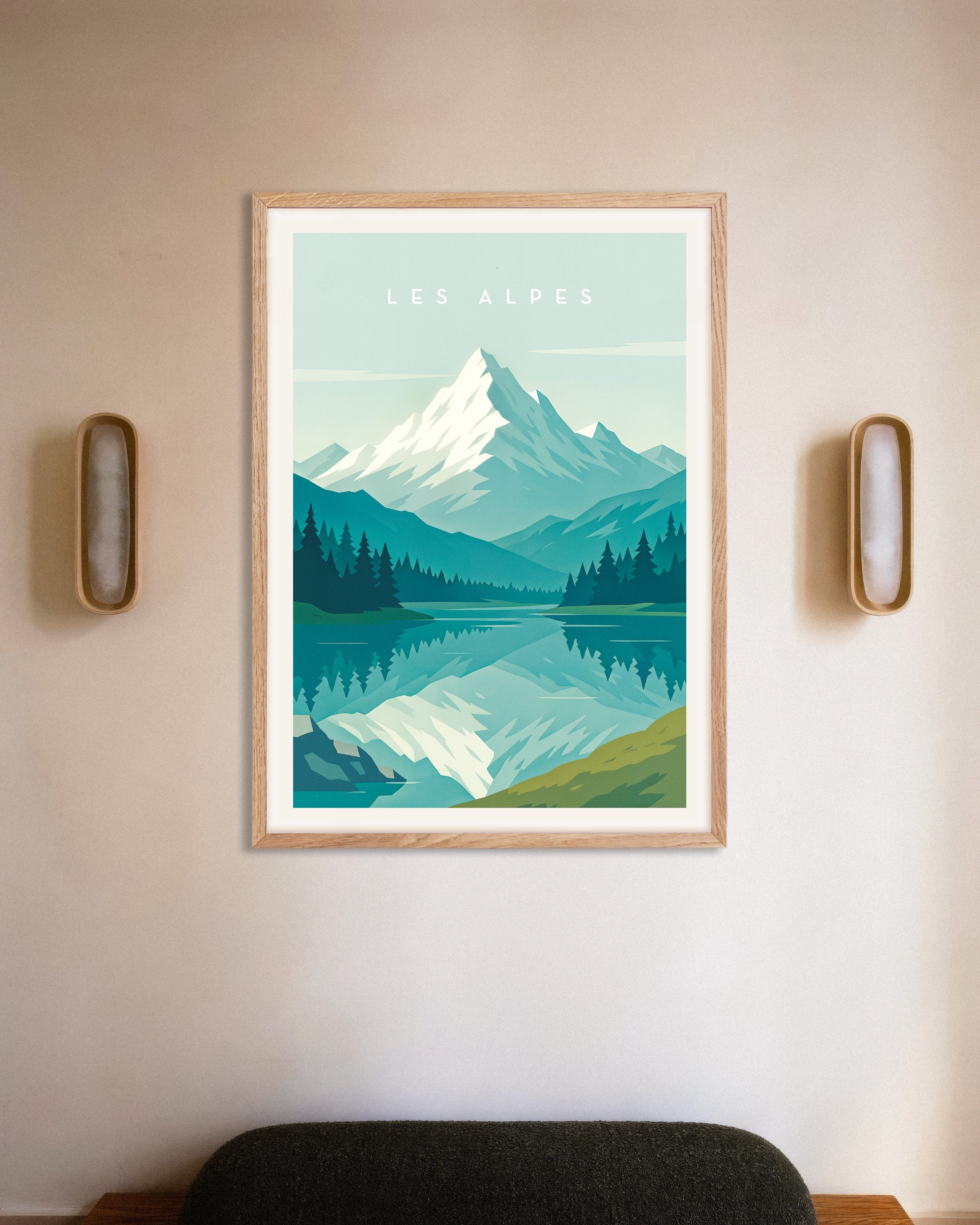 Poster of Alps Poster - Minimalist Mountain Art Print, with natural wooden frame