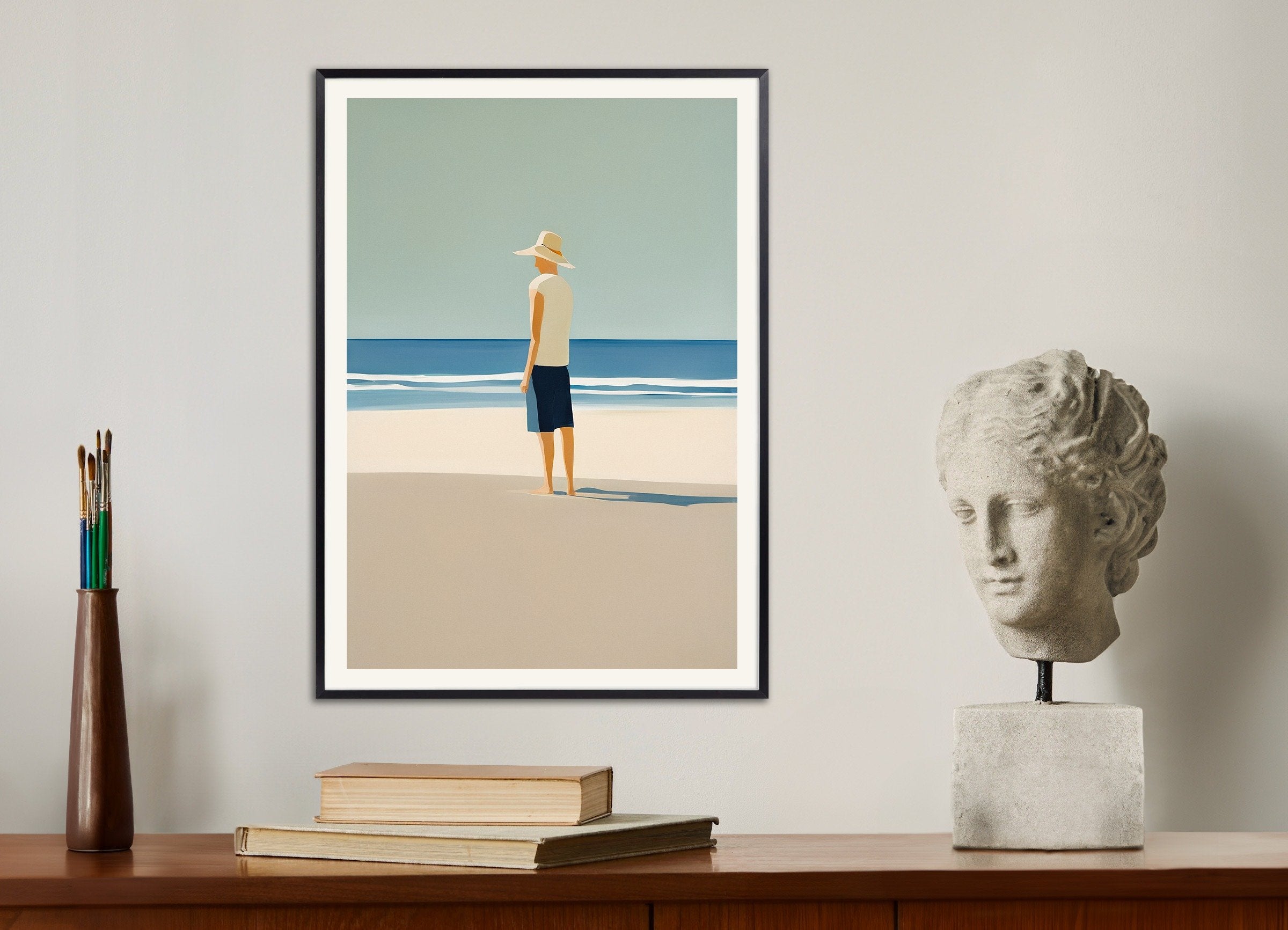 Poster of André at the beach, portrait - Minimalist Coastal Art Print, with metal frame