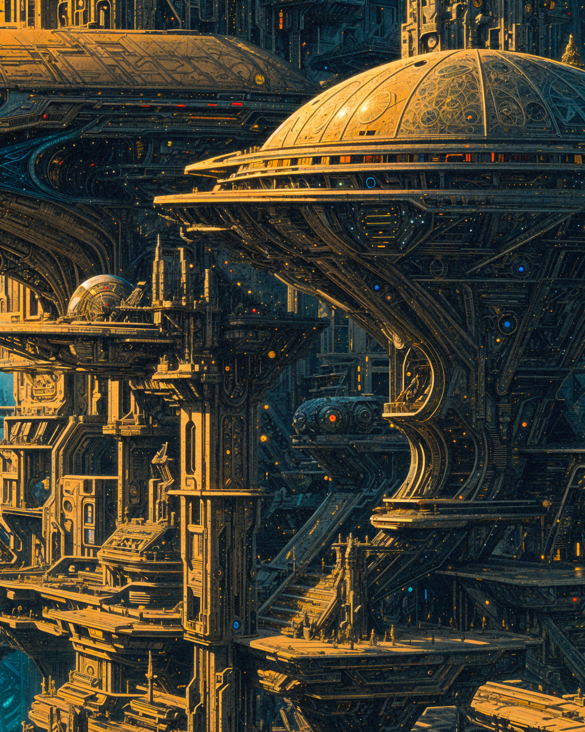 En detaljeret arkitektonisk science fiction-scene med udsmykkede kupler, høje bygninger og indviklede mekaniske detaljer i varme guld- og bruntoner med små blå, lysende detaljer.