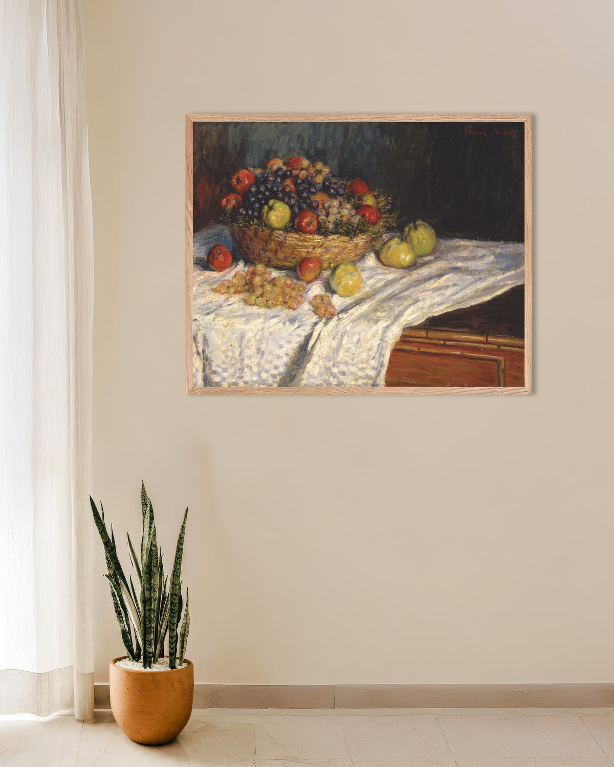Plakat Æbler og druer (1879–1880) af Claude Monet med ramme i naturtræ
