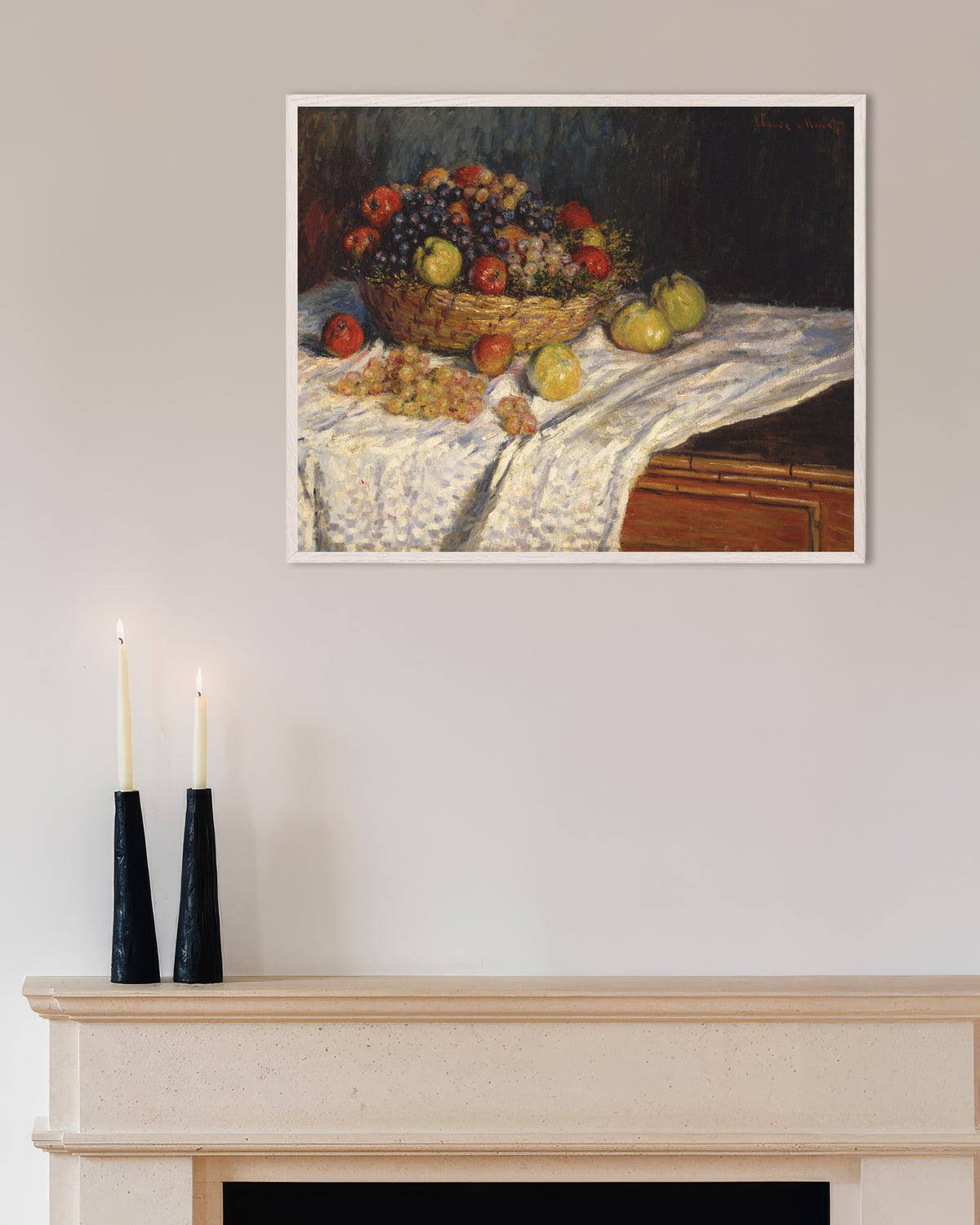 Plakat Æbler og druer (1879–1880) af Claude Monet med hvid træramme