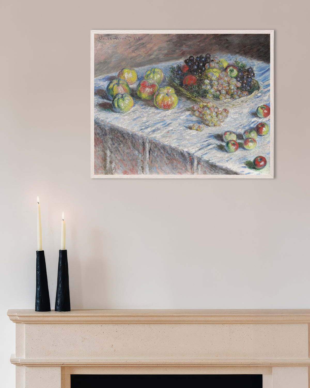 Plakat Æbler og druer (1880) af Claude Monet med hvid træramme
