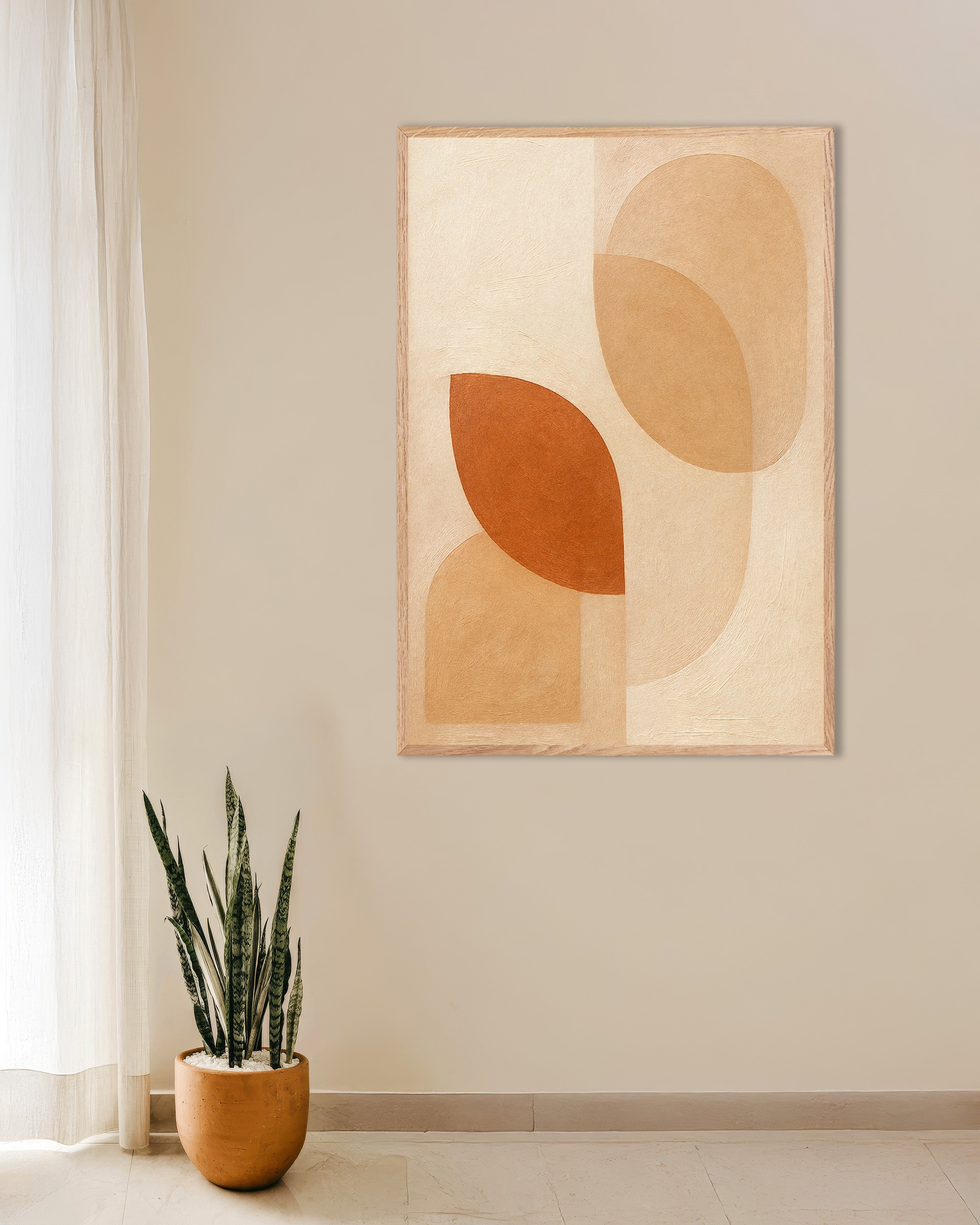 Poster of Autumn Foliage – abstract earth-toned leaf shapes Poster, with natural wooden frame