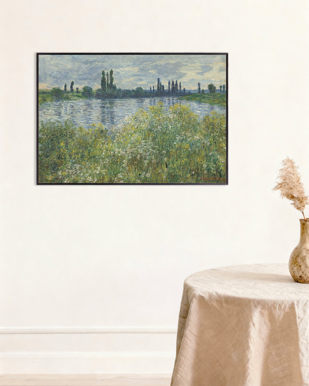 Plakat Seinens bred ved Vétheuil (1880) af Claude Monet med metalramme