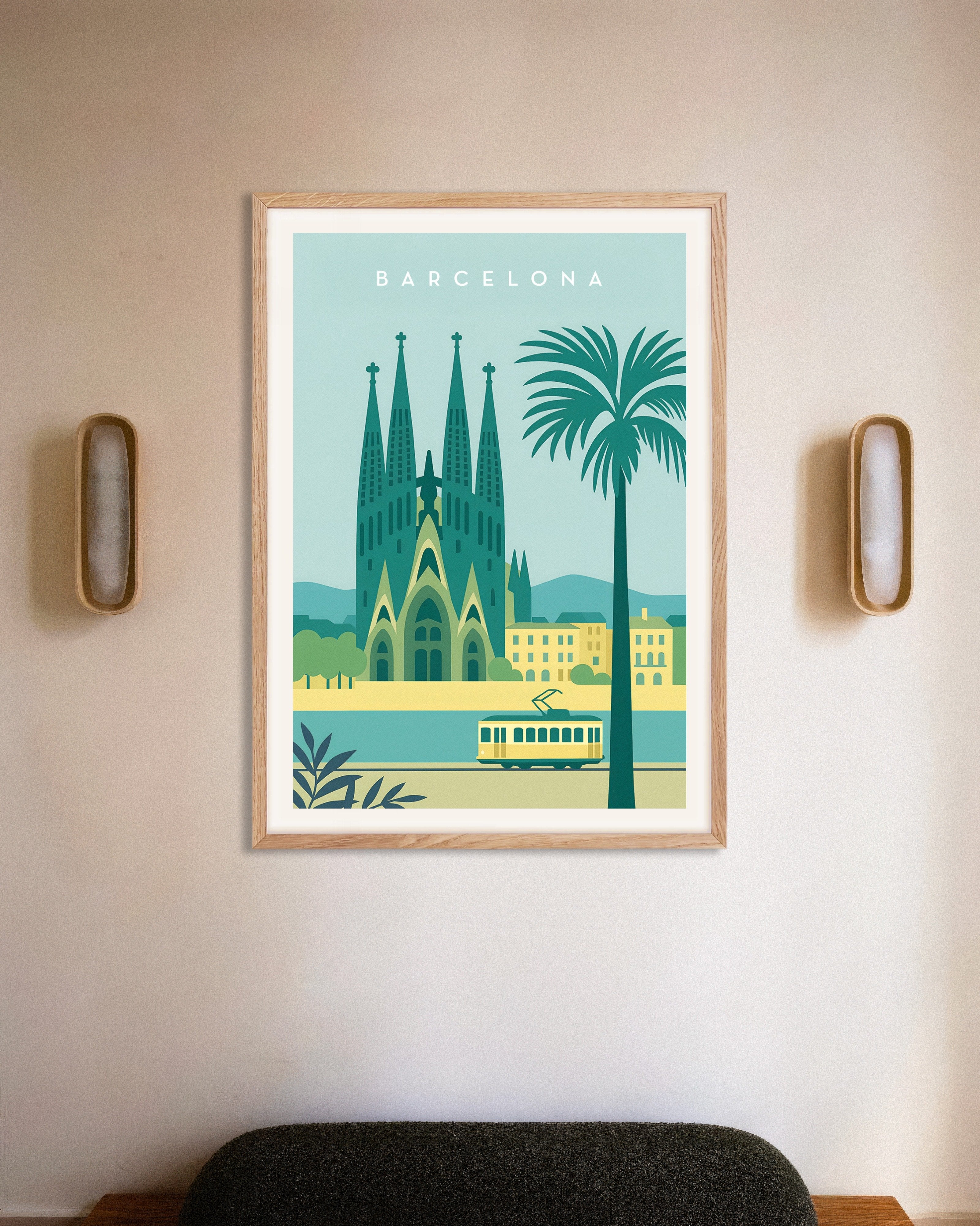 Poster of Barcelona Sagrada Família Wall Art Print, with natural wooden frame