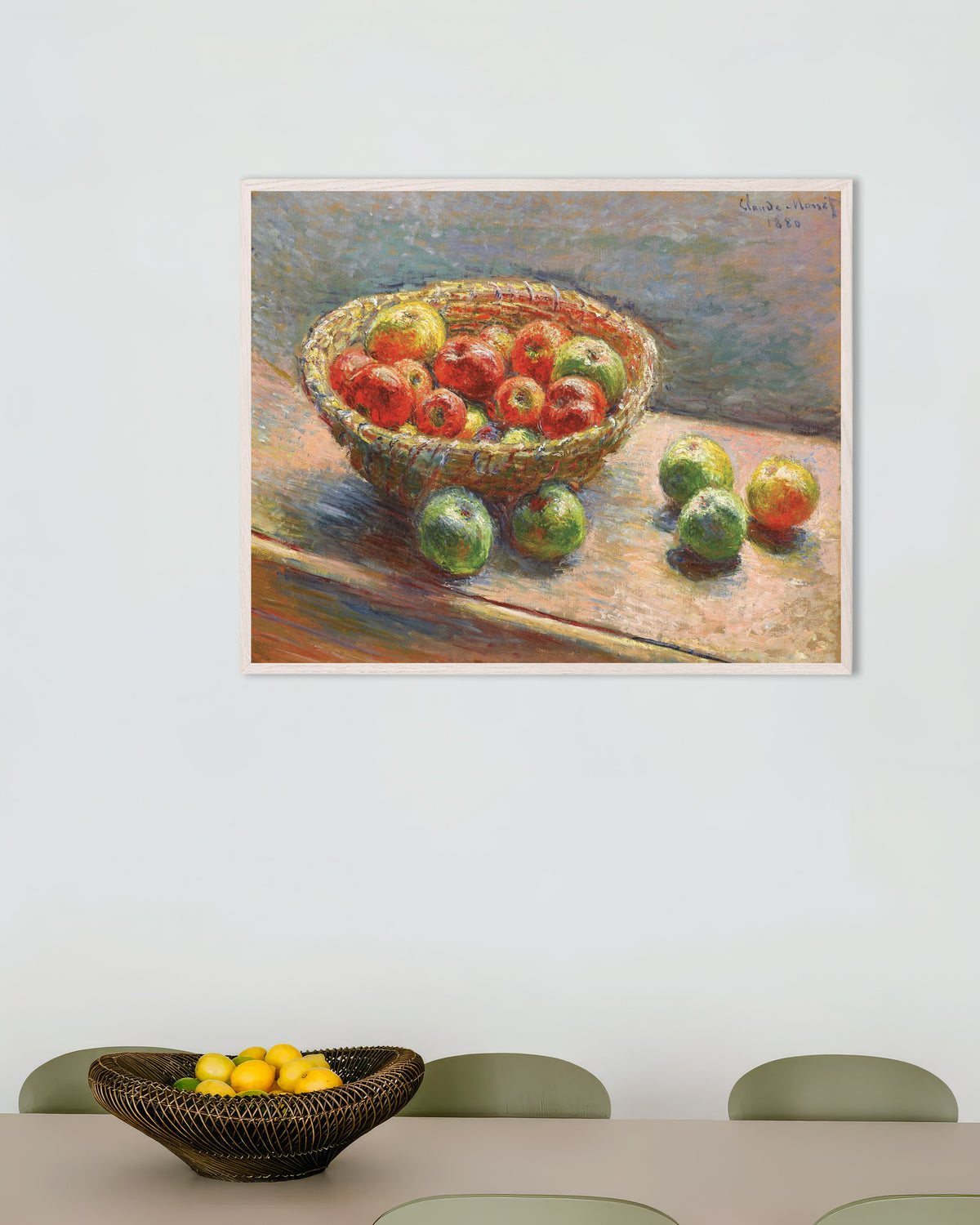 Plakat Kurven med æbler (1880) af Claude Monet med hvid træramme