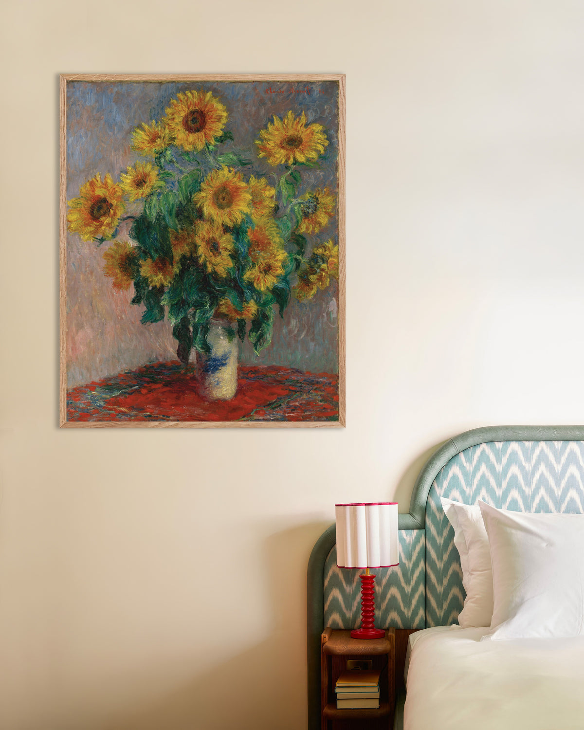 Plakat Buket af solsikker (1881) af Claude Monet med ramme i naturtræ