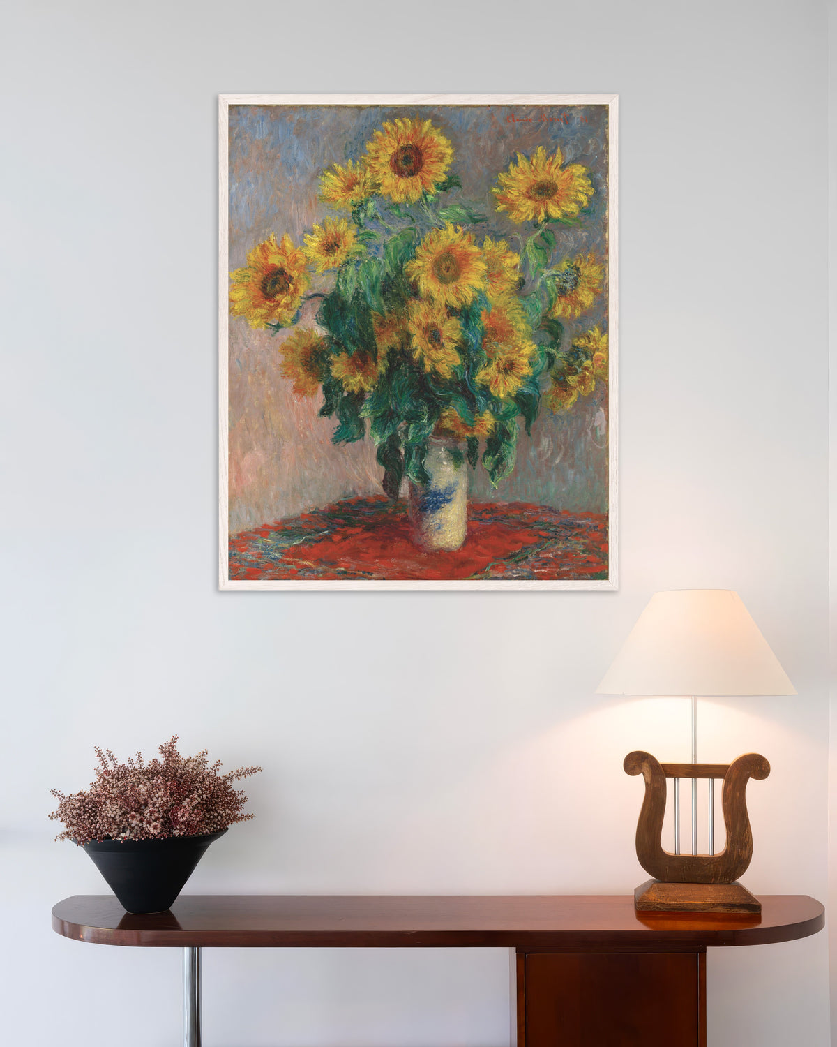 Plakat Buket af solsikker (1881) af Claude Monet med hvid træramme