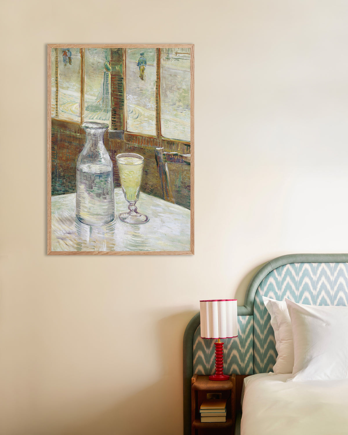Plakat med Cafébord med absint (1887) af Vincent van Gogh, med ramme af naturtræ