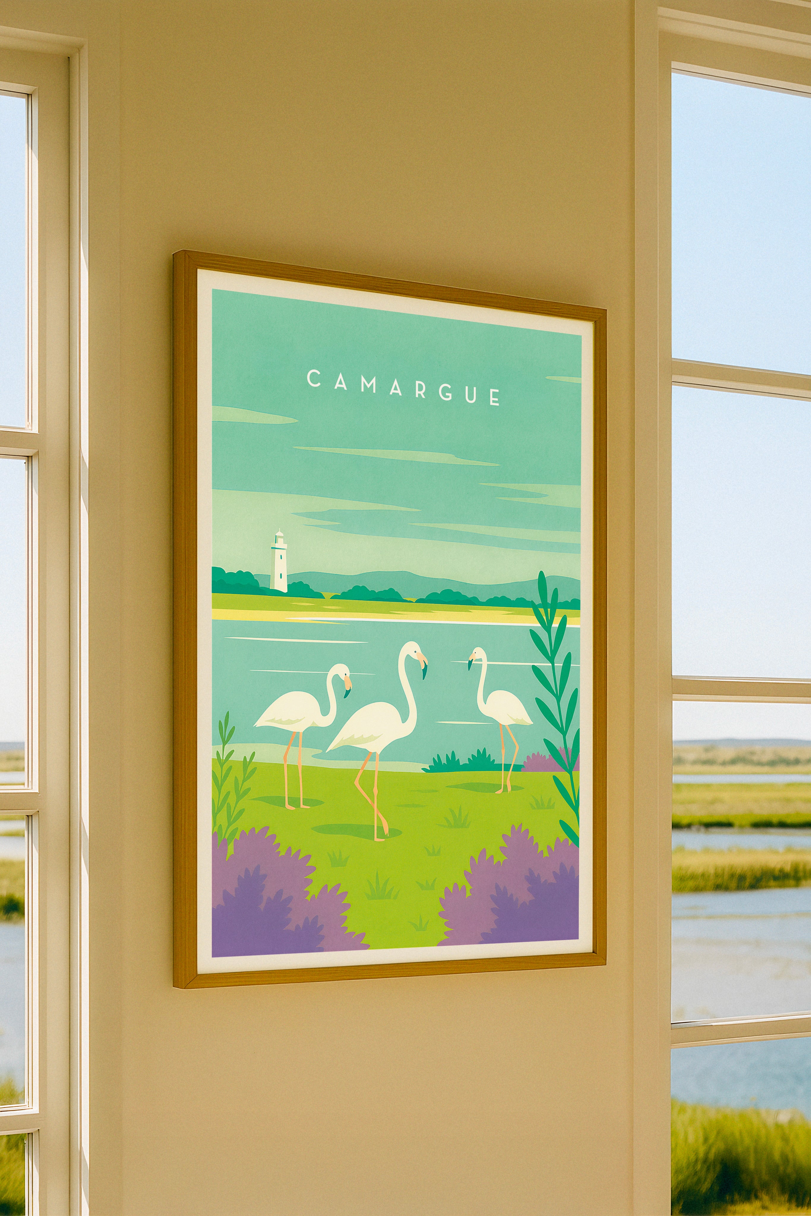 Framed artwork of flamingos in a natural setting on a wall with a window view.