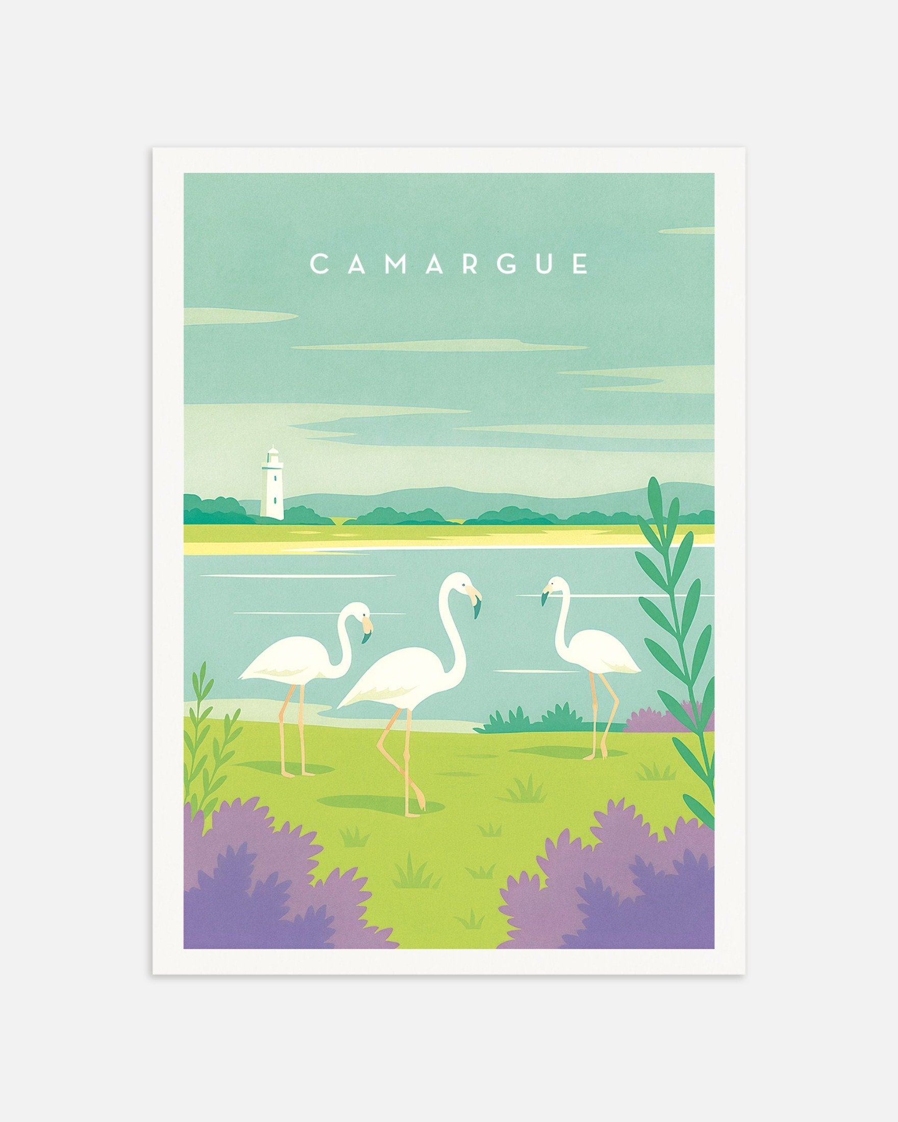 Poster of Camargue with flamingos and a lighthouse on a green and blue background