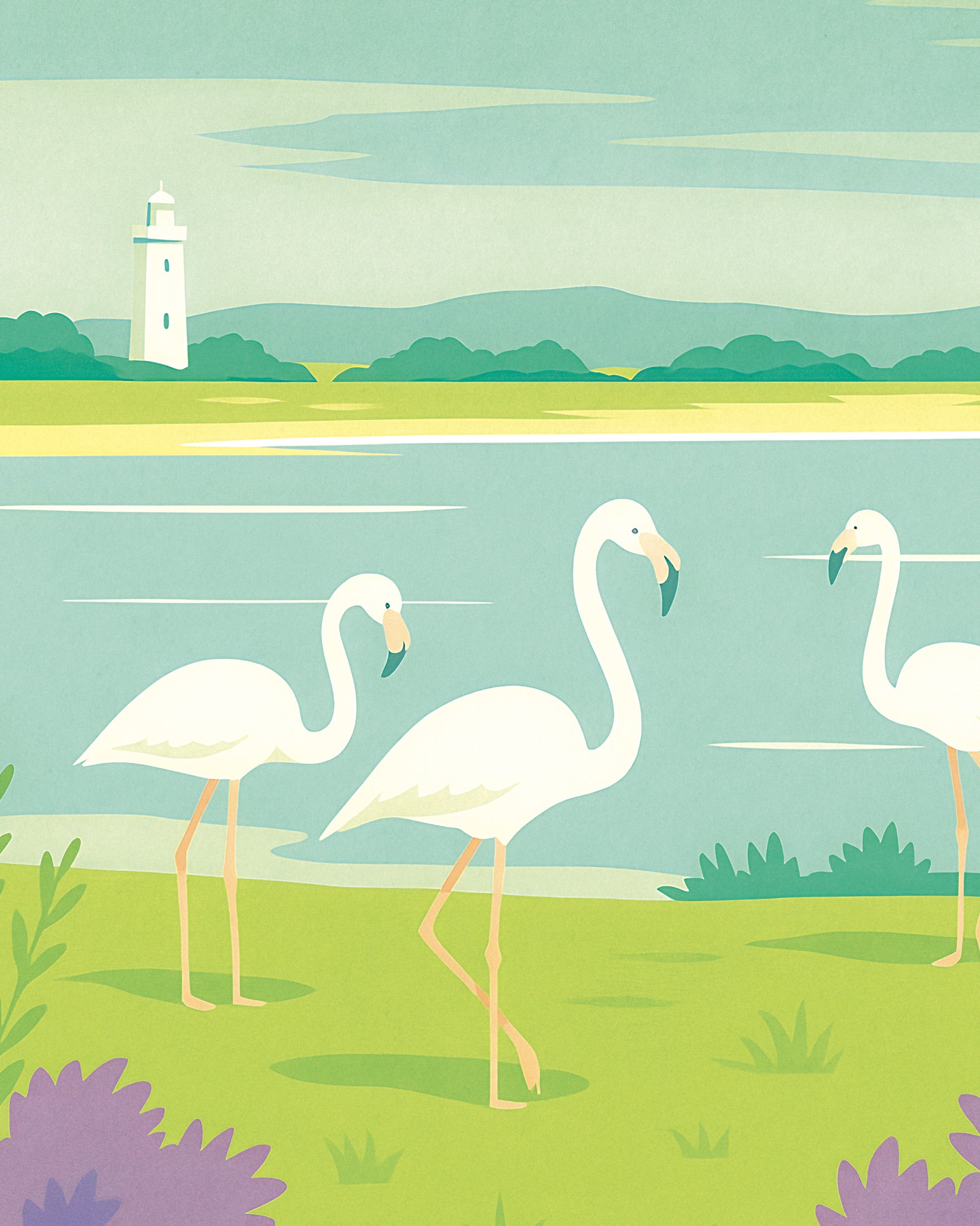 Illustration of three flamingos near a lake with a lighthouse in the background