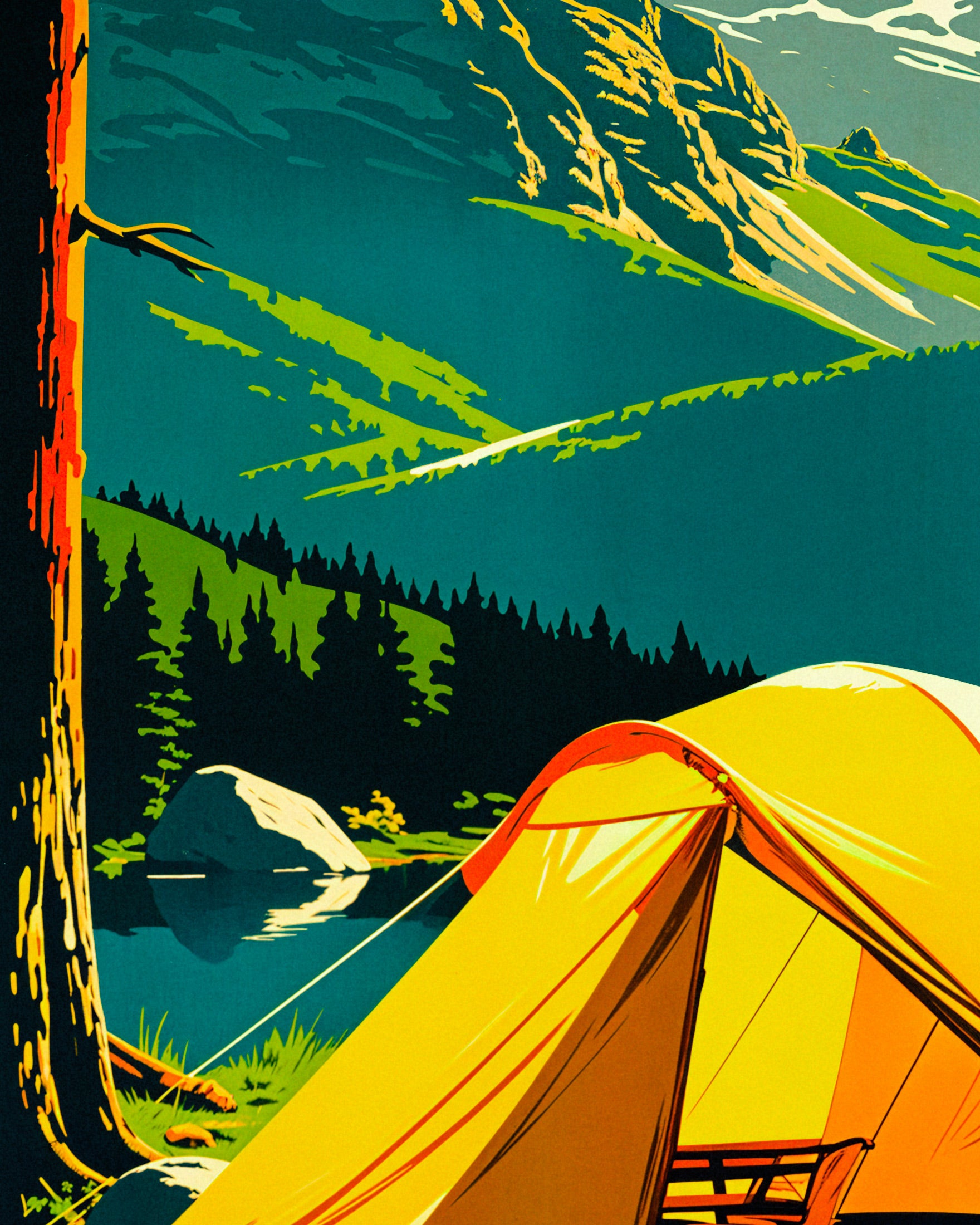 Vintage camping, bjerg og natur - Plakat