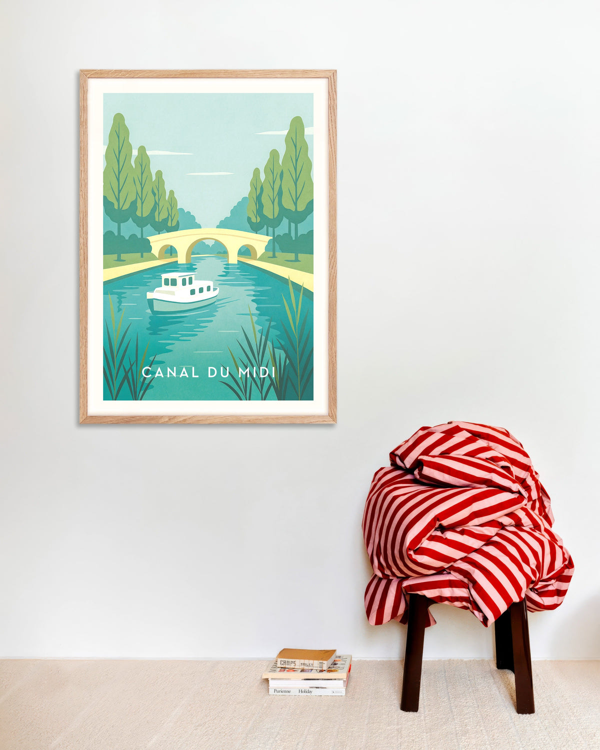Plakat med Rejseposter med Canal du Midi, med naturfarvet træramme