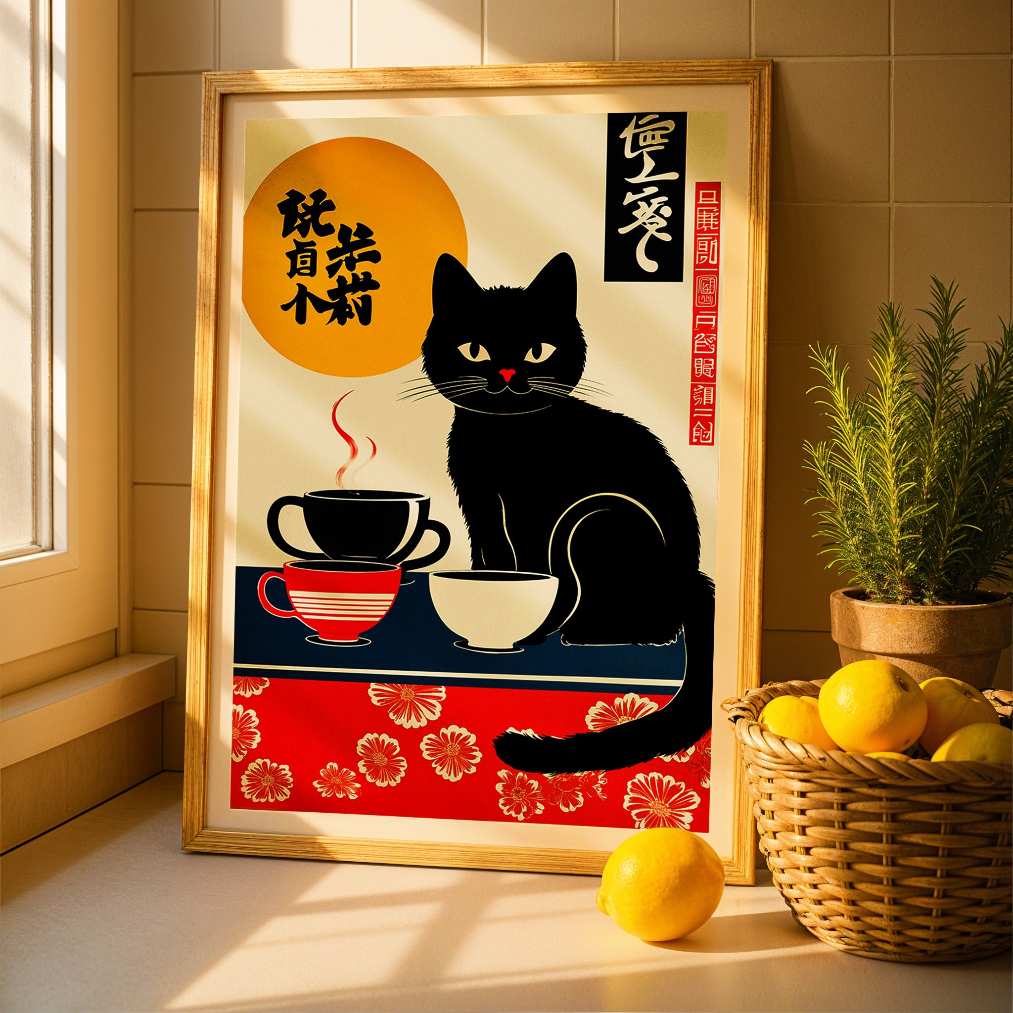 Japansk plakat, kat med kaffekopper