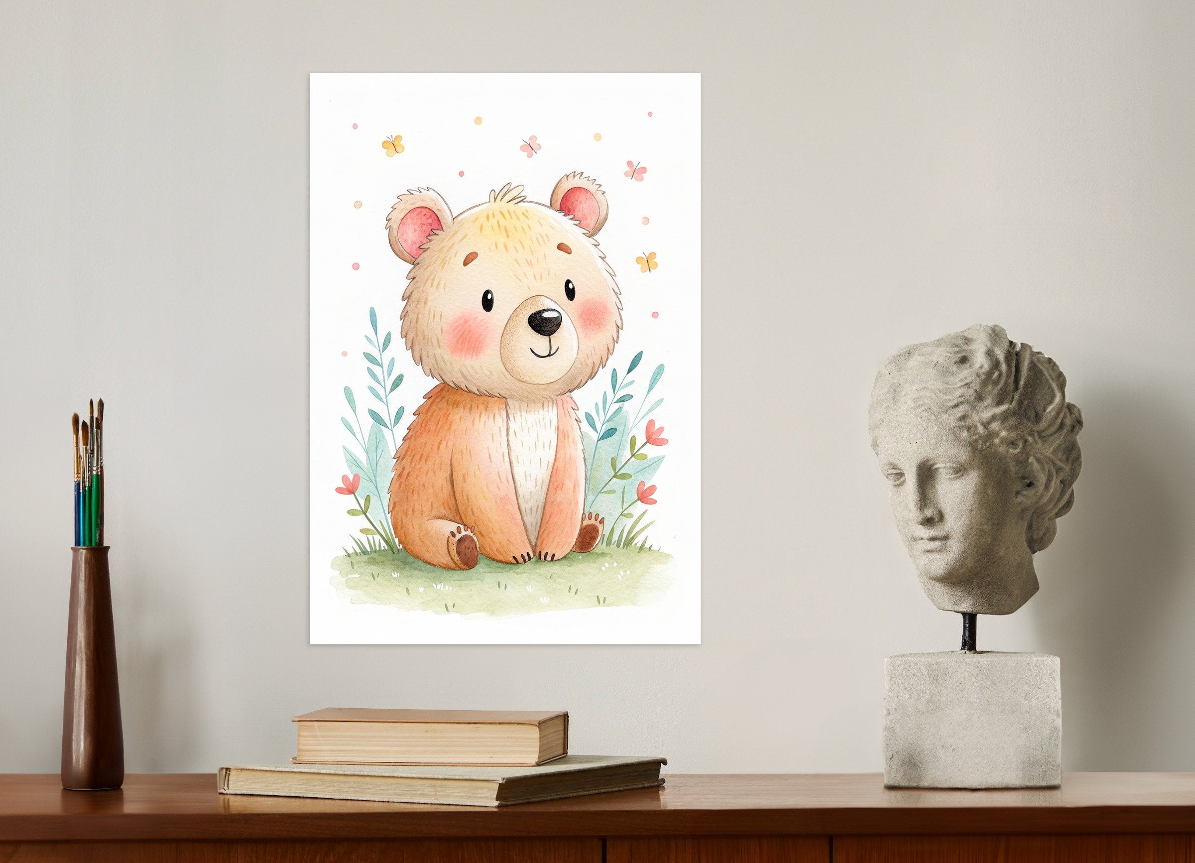 Cute Bear Poster - Nursery Wall Art with Butterflies