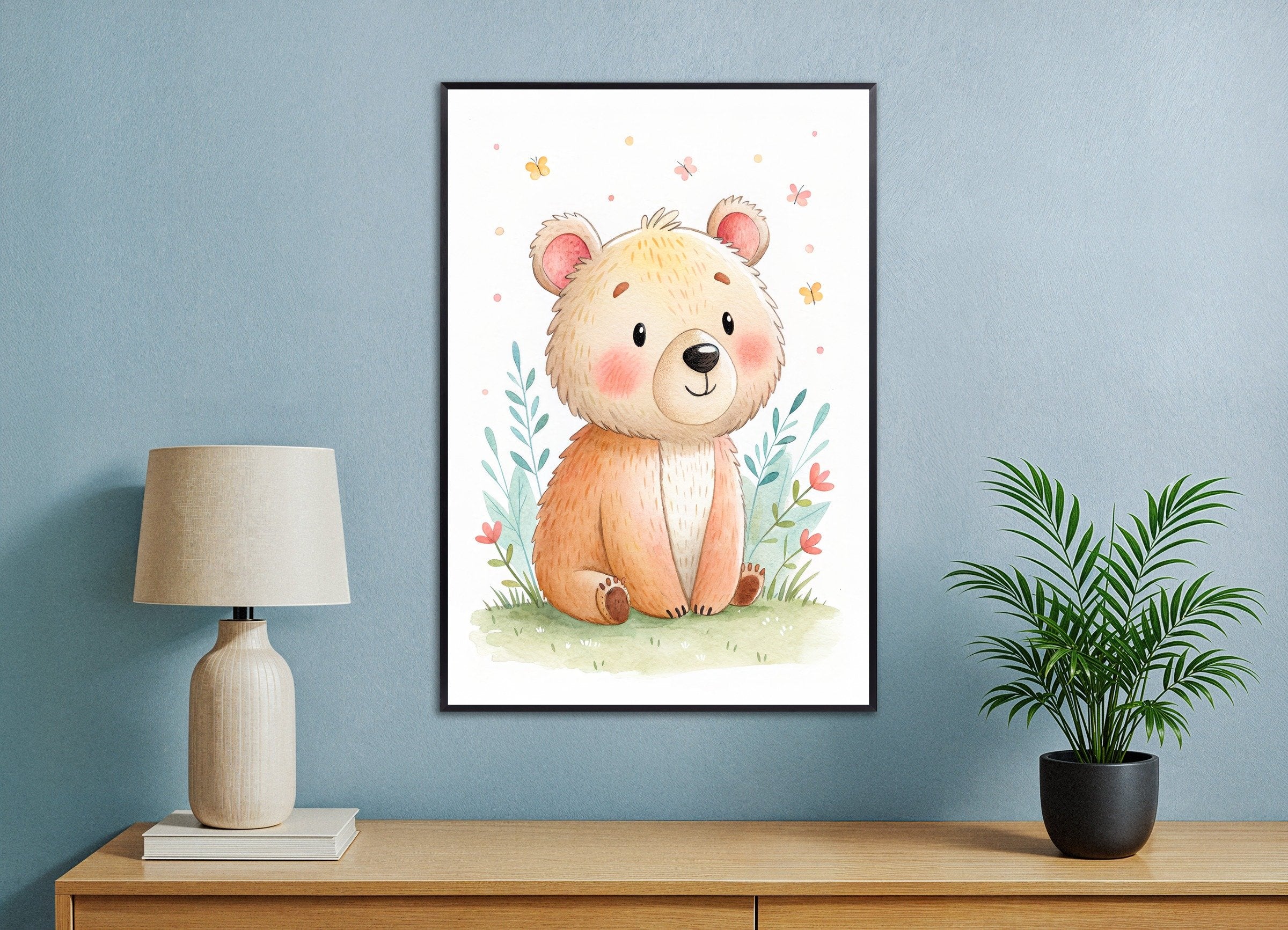 Cute Bear Poster - Nursery Wall Art with Butterflies, with metal frame