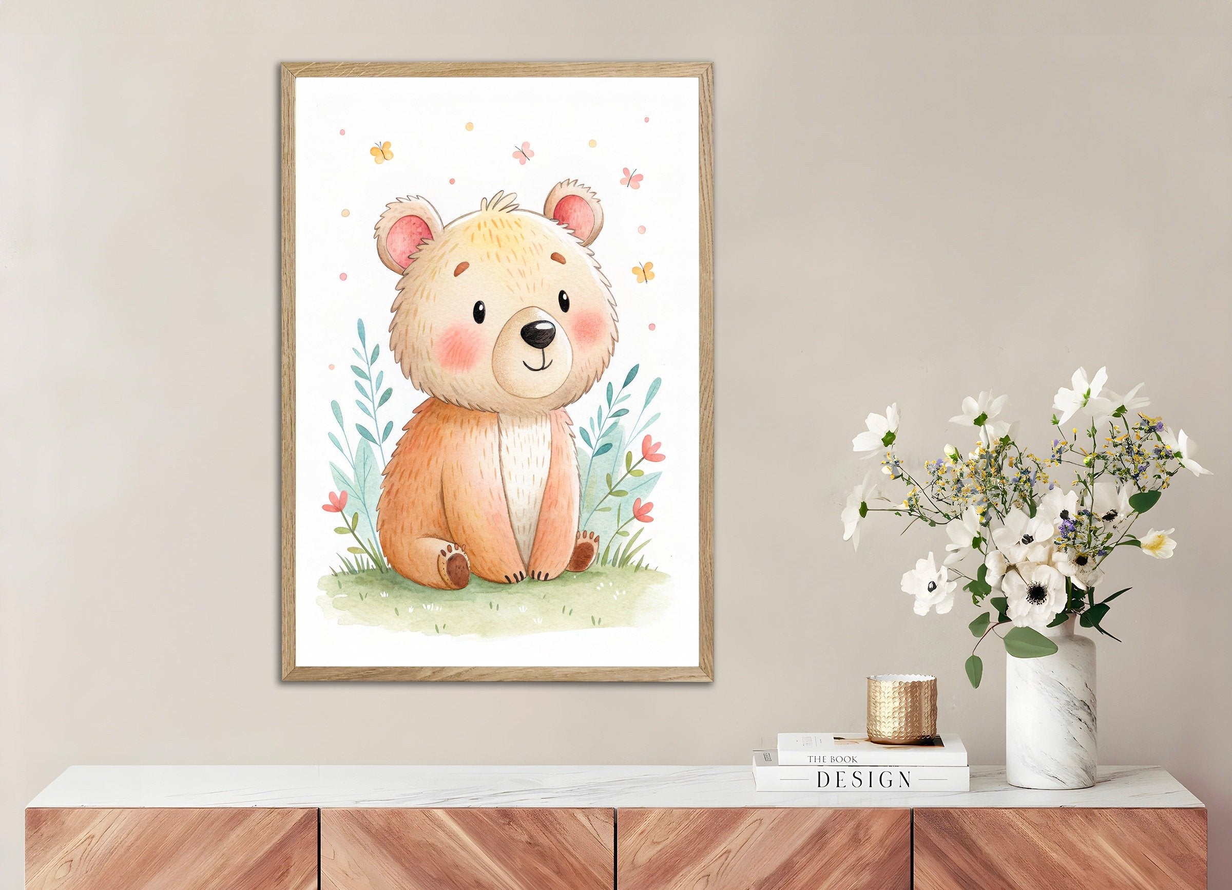 Cute Bear Poster - Nursery Wall Art with Butterflies, with natural wooden frame