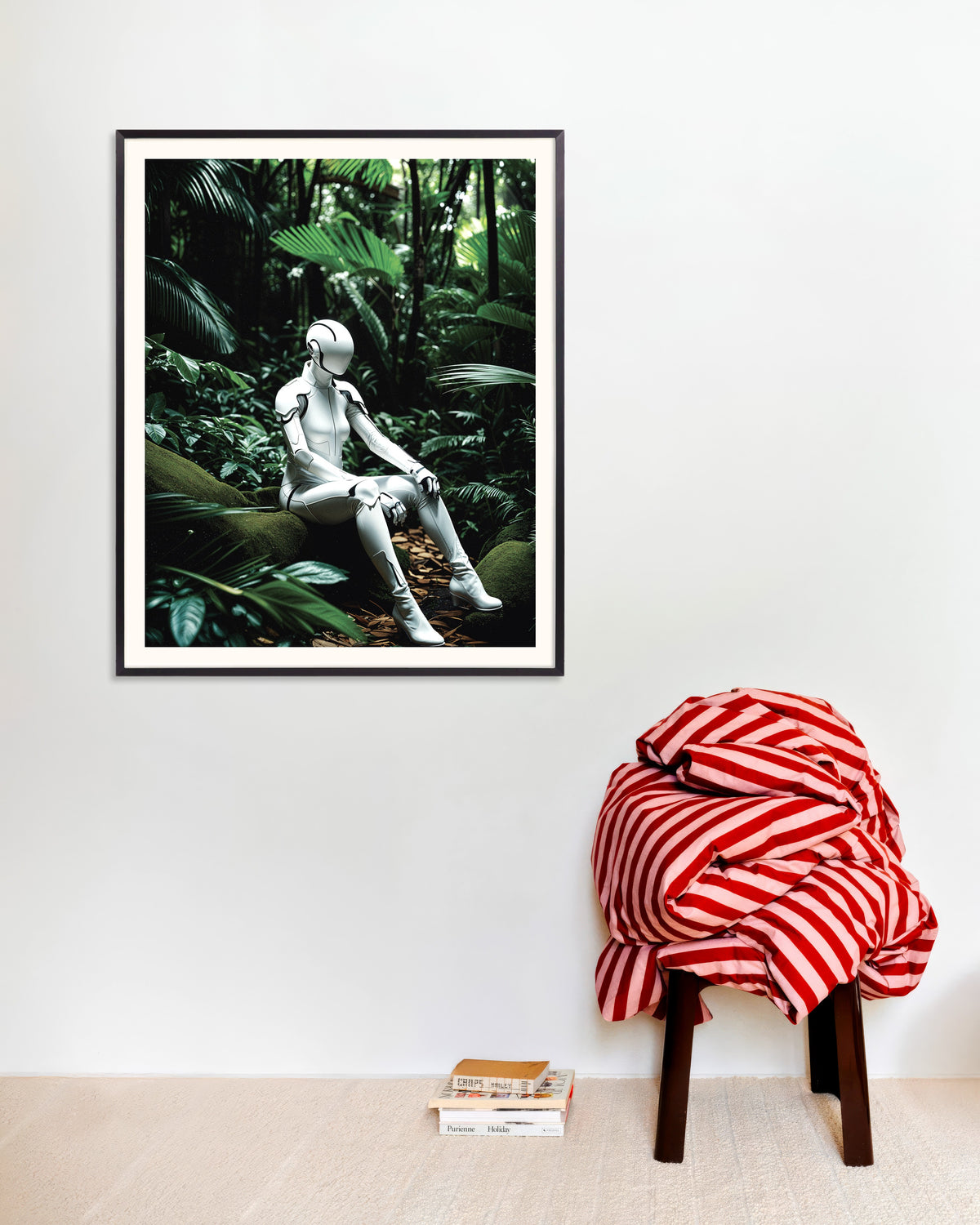 Poster af Cyborg i den dybe jungle med metalramme