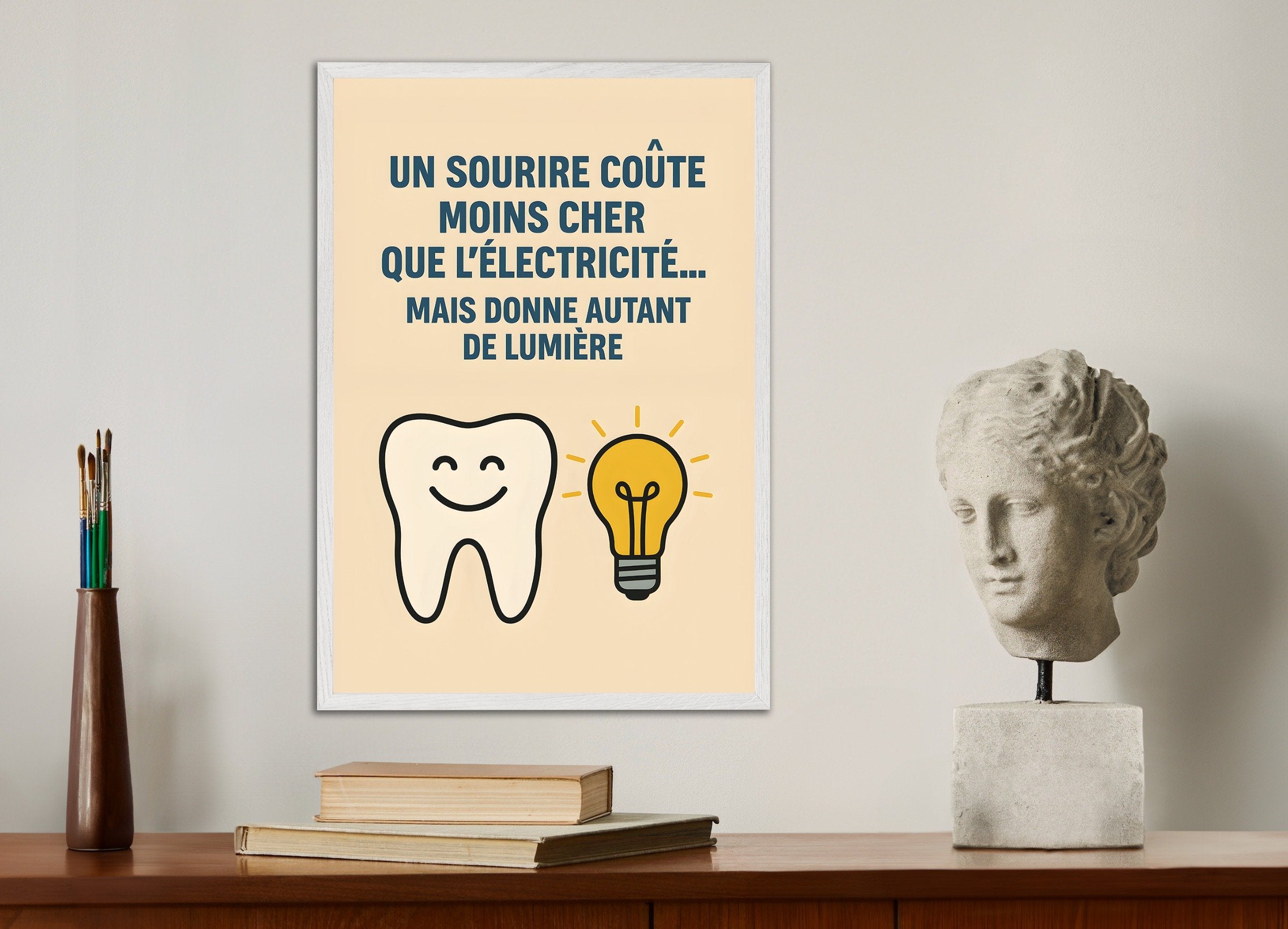 Poster of Dental Office Poster - A Smile Costs Less Than Electricity, with white wooden frame