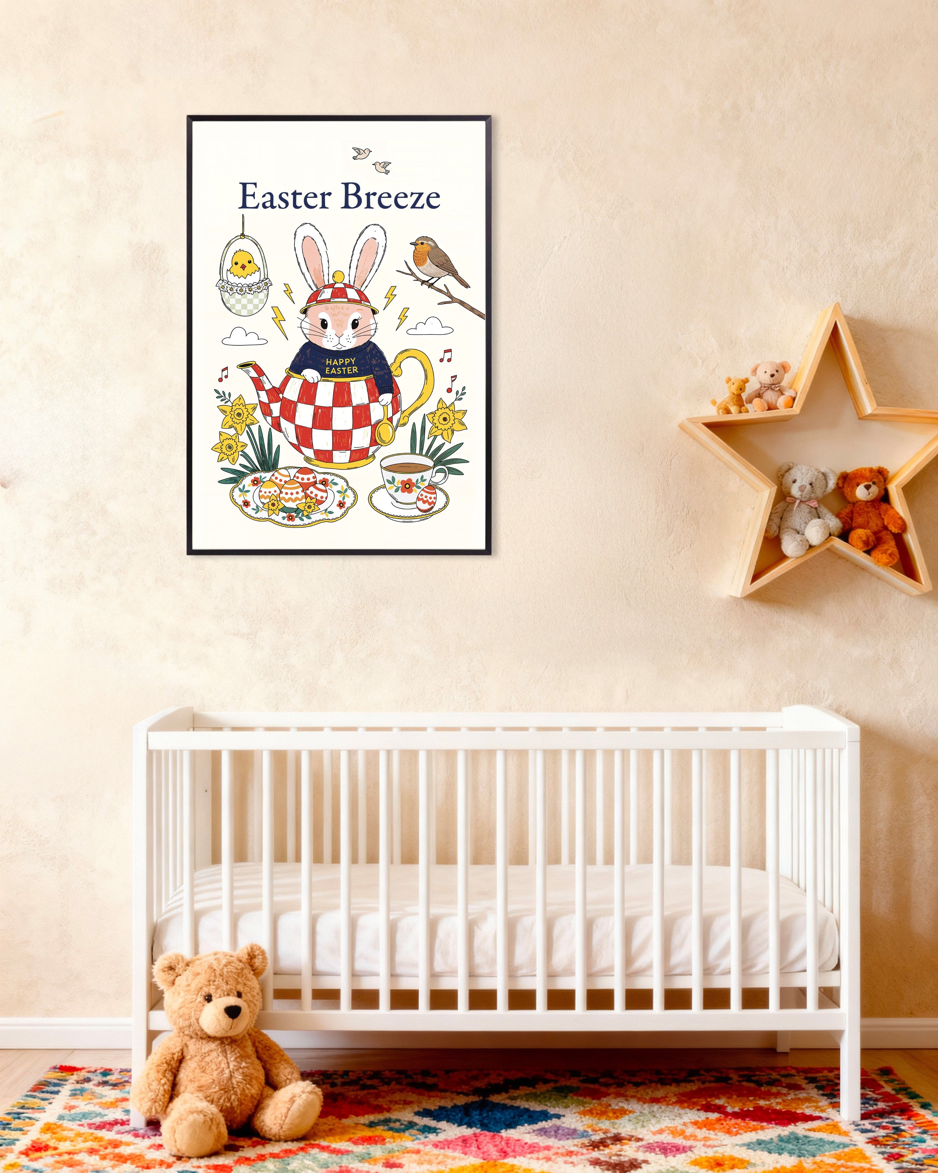 Poster of Easter Breeze - Bunny Teapot and Daffodils Poster, with metal frame