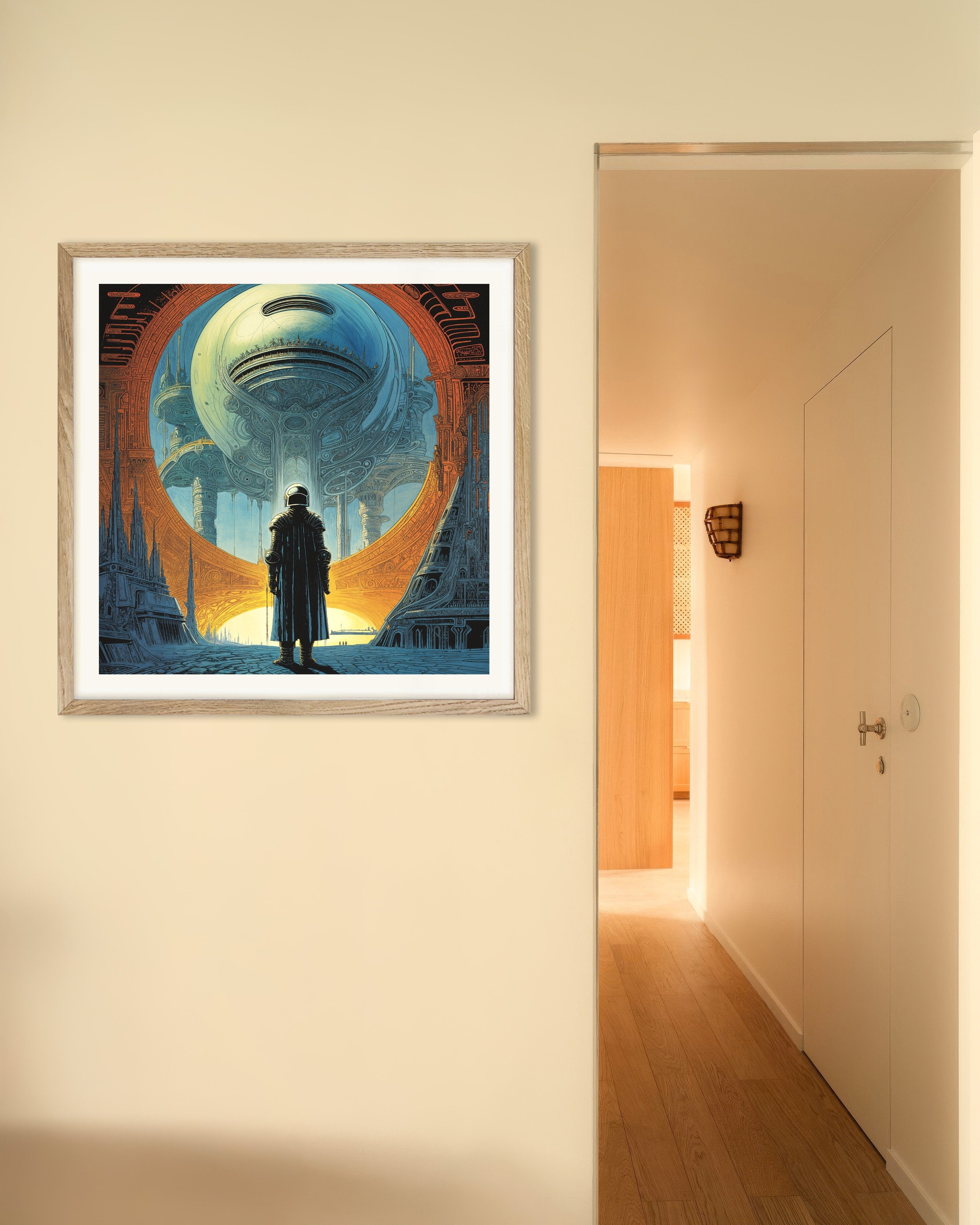 Poster of Elevated Ocean City Sci-Fi Poster, with natural wooden frame