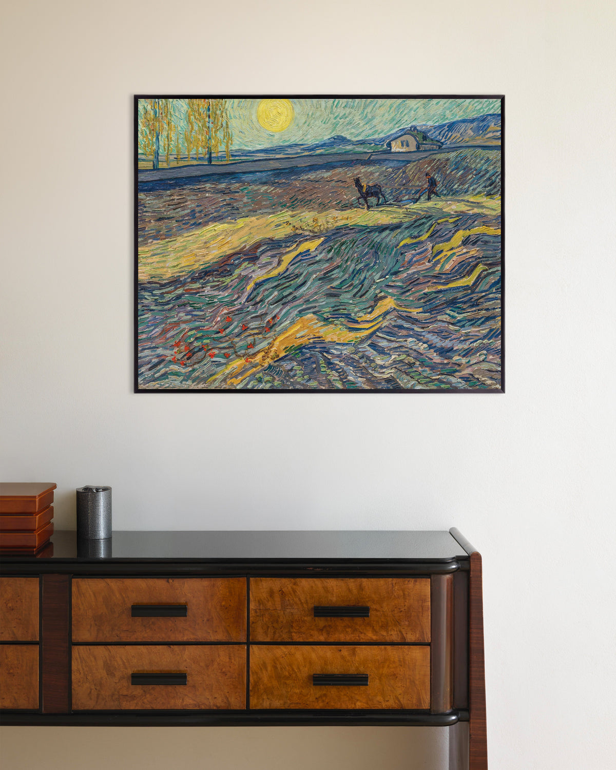 Poster med Indhegnet mark med plovmand (1889) af Vincent van Gogh, med metalramme