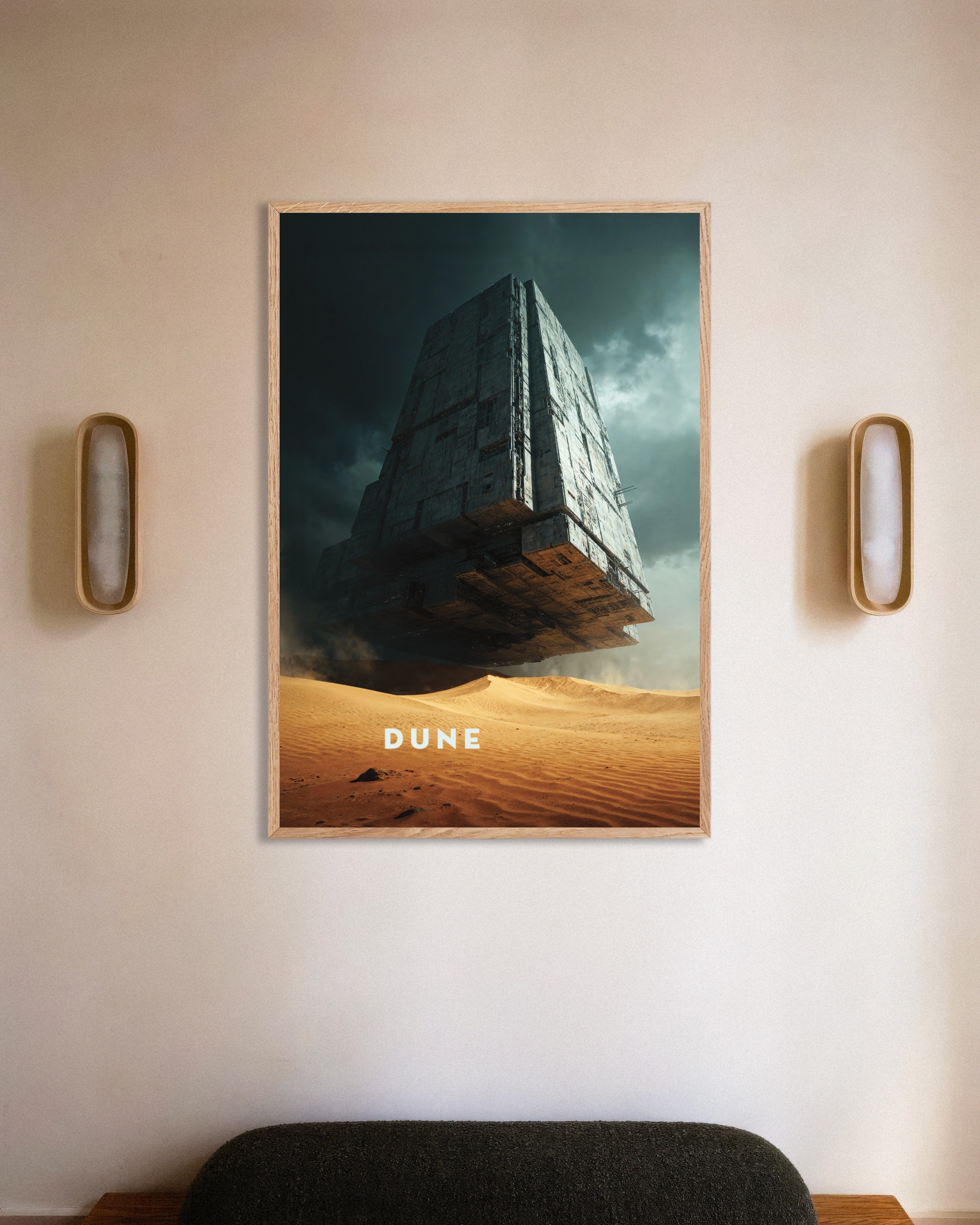 Poster of Floating Megastructure Poster, Sci-Fi Desert Art Print, with natural wooden frame