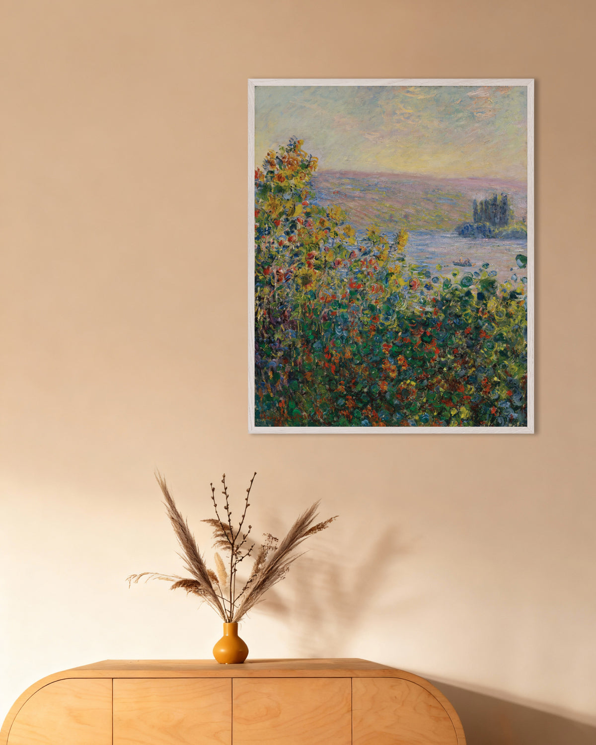 Plakat Blomsterbede i Vétheuil (1881) af Claude Monet med hvid træramme