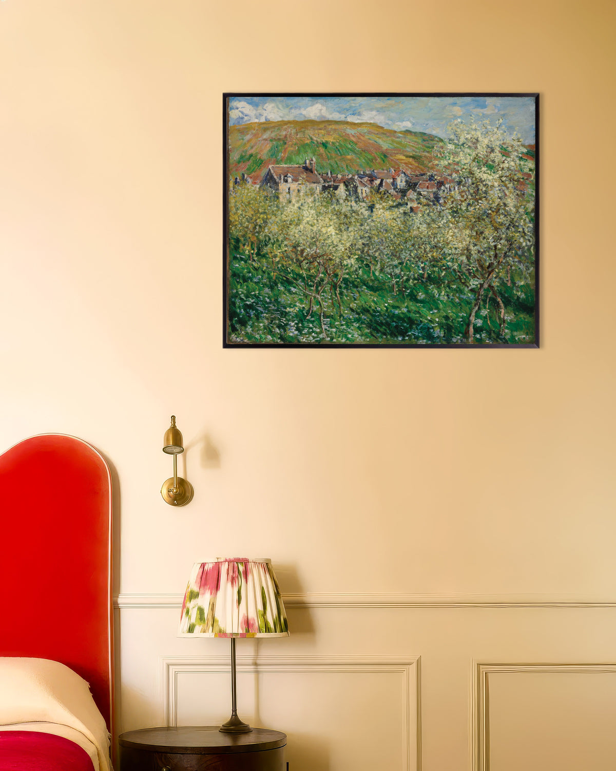 Plakat Blomstrende blommetræer (1879) af Claude Monet med metalramme