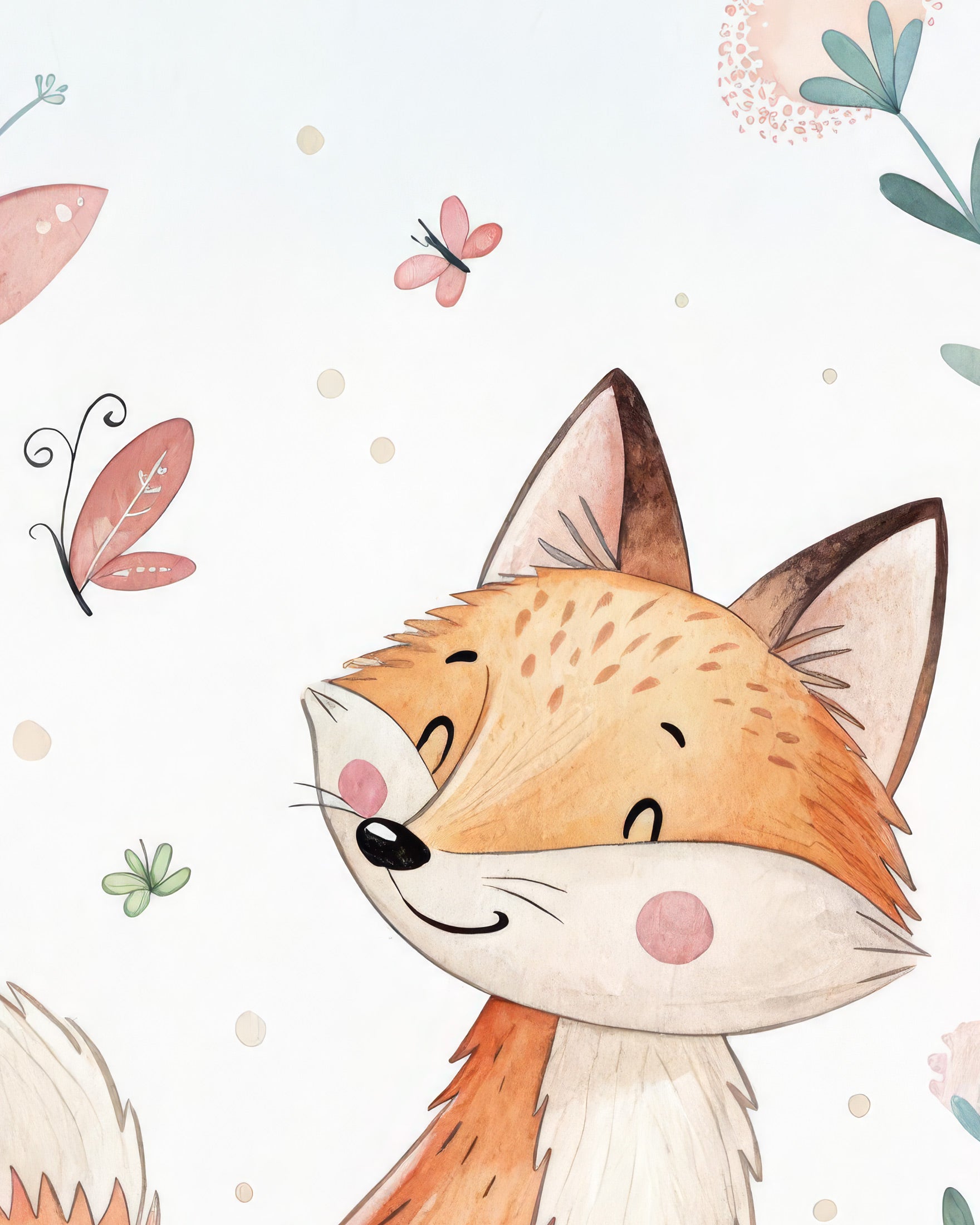 Cartoon fox face with floral elements on a light background