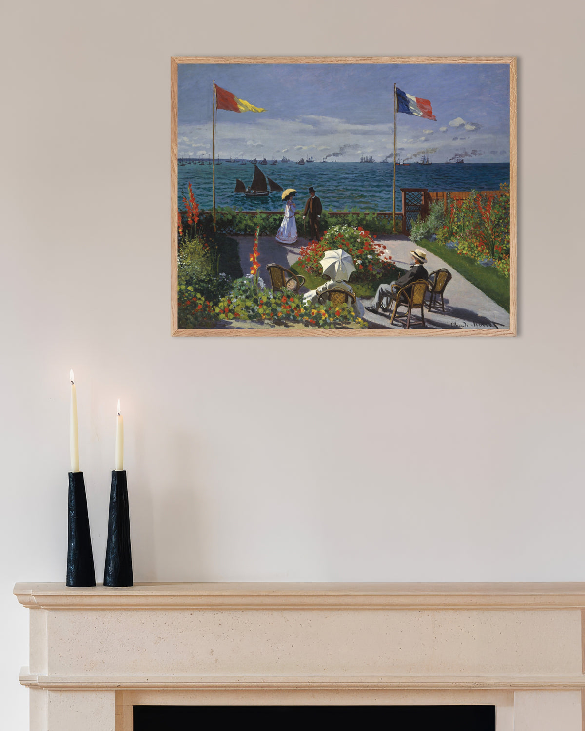 Plakat Have i Sainte-Adresse (1867) af Claude Monet med ramme i naturtræ
