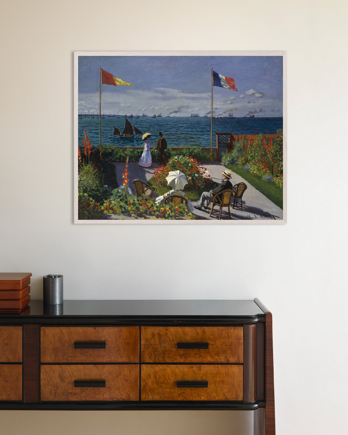 Plakat Have i Sainte-Adresse (1867) af Claude Monet med hvid træramme