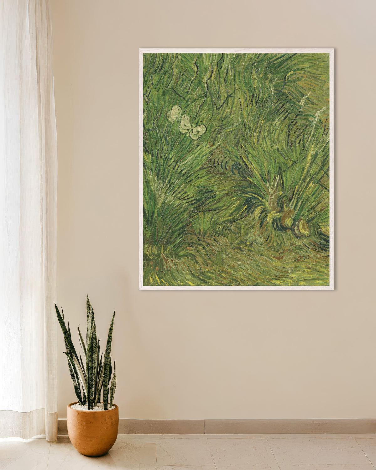 Poster af Have med sommerfugle (1889) af Vincent van Gogh med hvid træramme