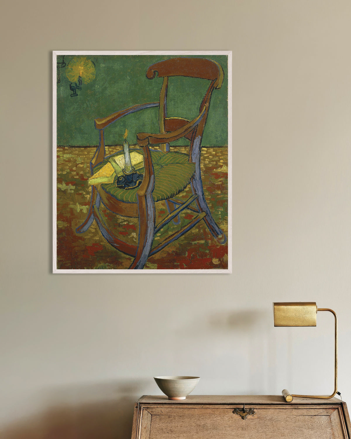 Poster af Vincent van Goghs Gauguins stol (1888) med hvid træramme