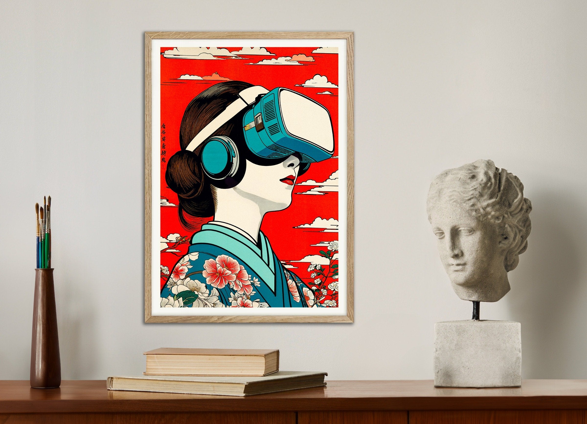 Poster of "Geisha VR" Poster - Hiroshige Tribute x Modern Technology, with natural wooden frame
