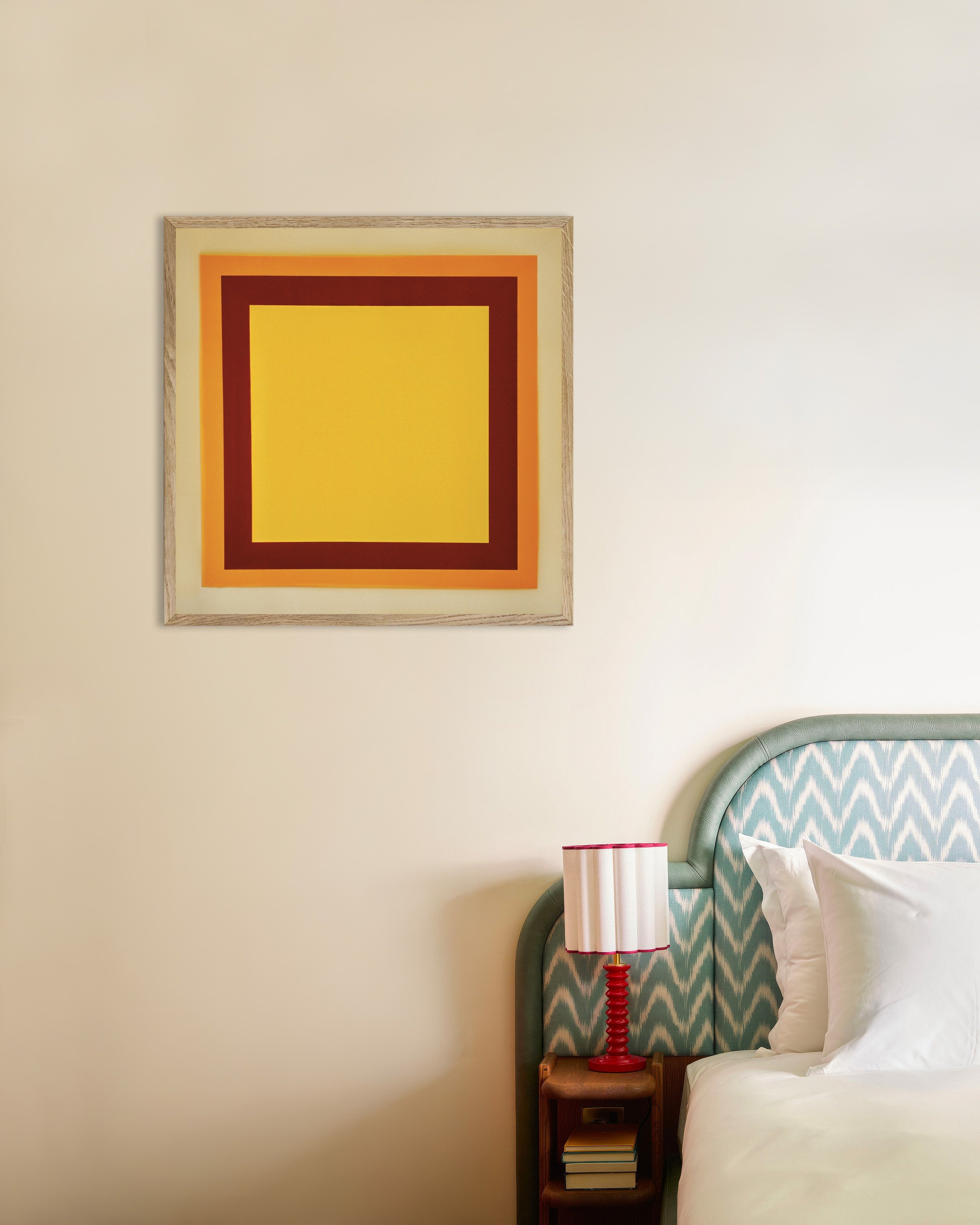 Poster of Geometric yellow and orange squares print, with natural wooden frame