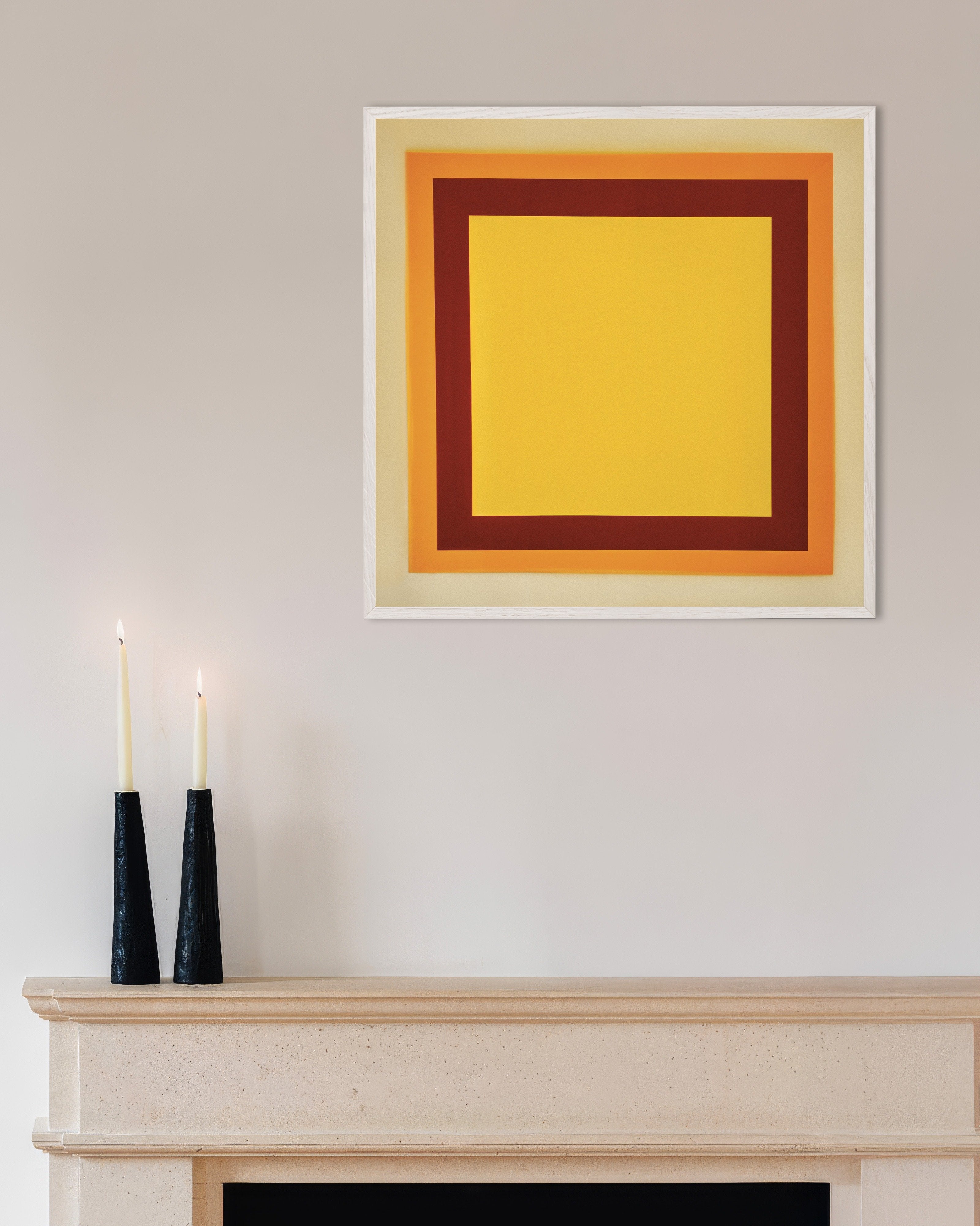 Poster of Geometric yellow and orange squares print, with white wooden frame