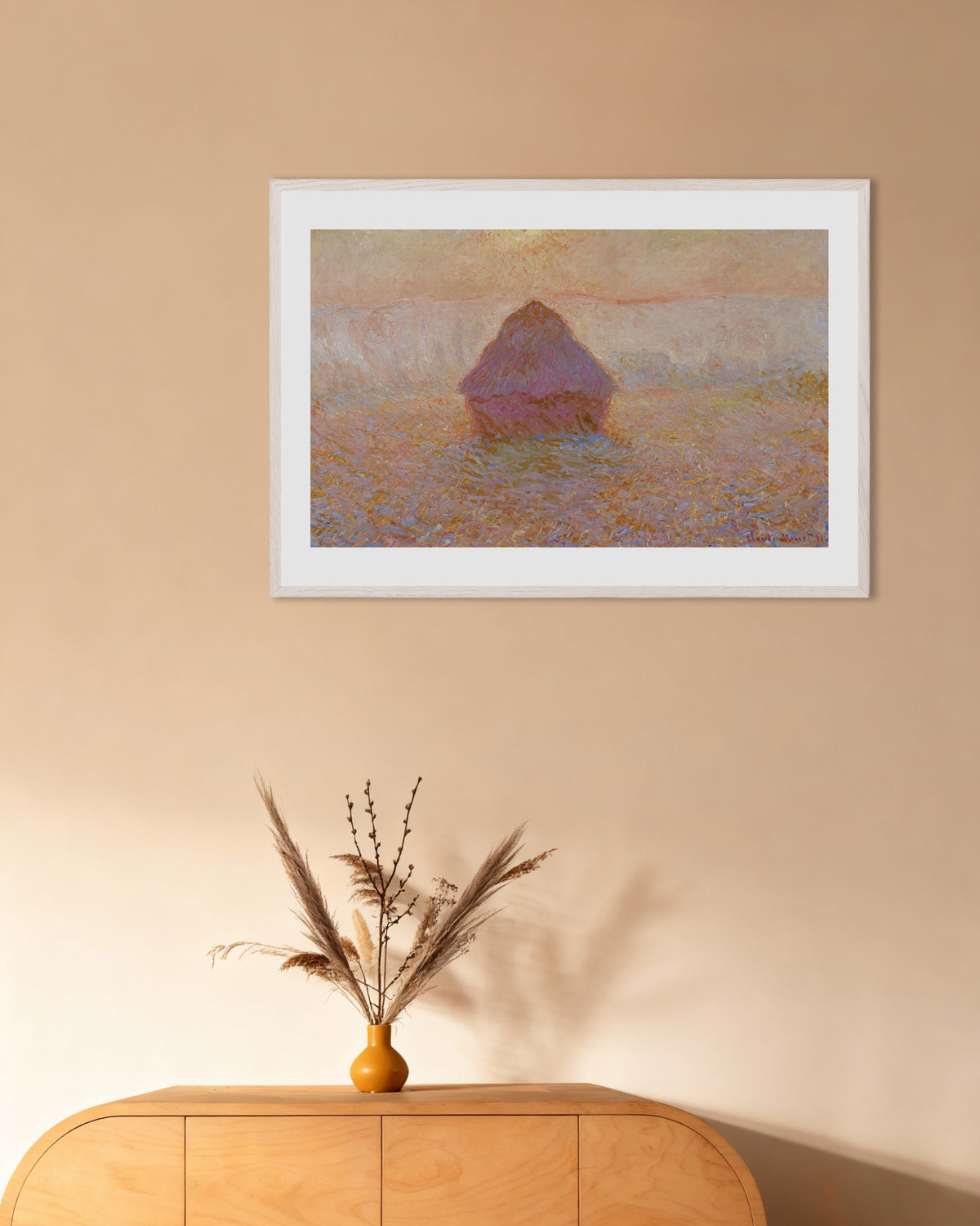 Plakat Kornstak, sol i disen (1891) af Claude Monet med hvid træramme