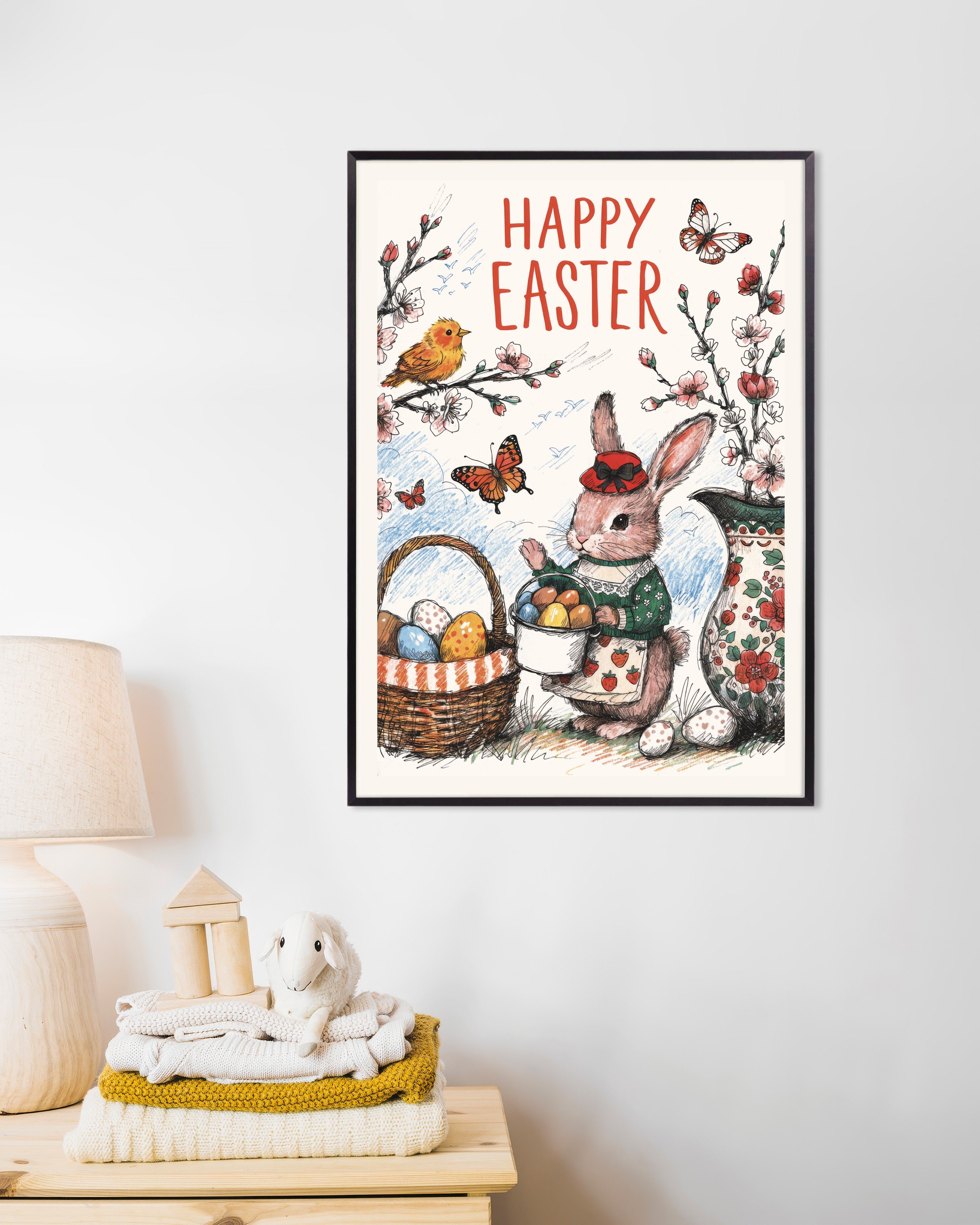 Poster of Happy Easter Bunny in Blossom Garden Poster, with metal frame