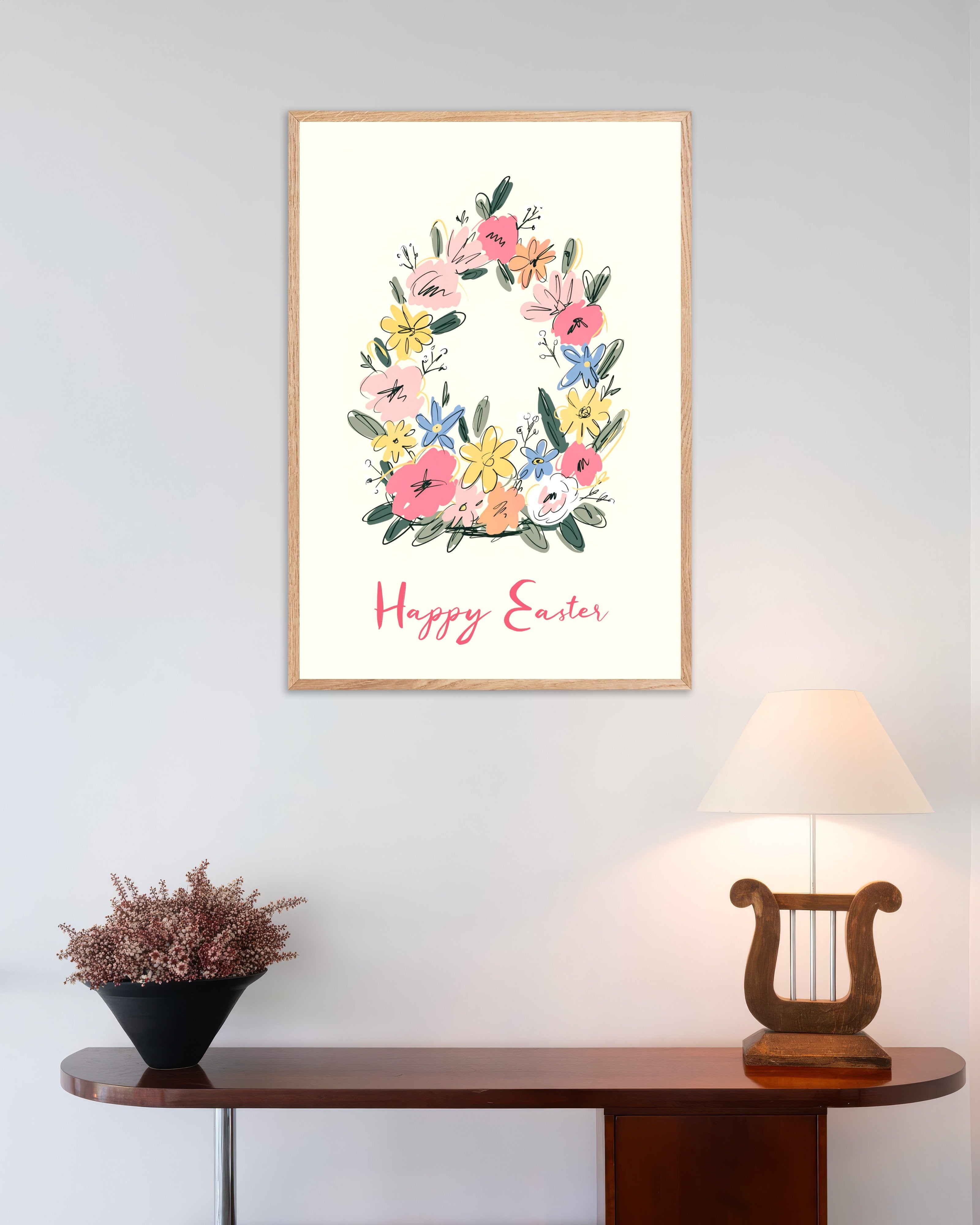 Poster of Happy Easter Floral Egg Wreath Poster, with natural wooden frame