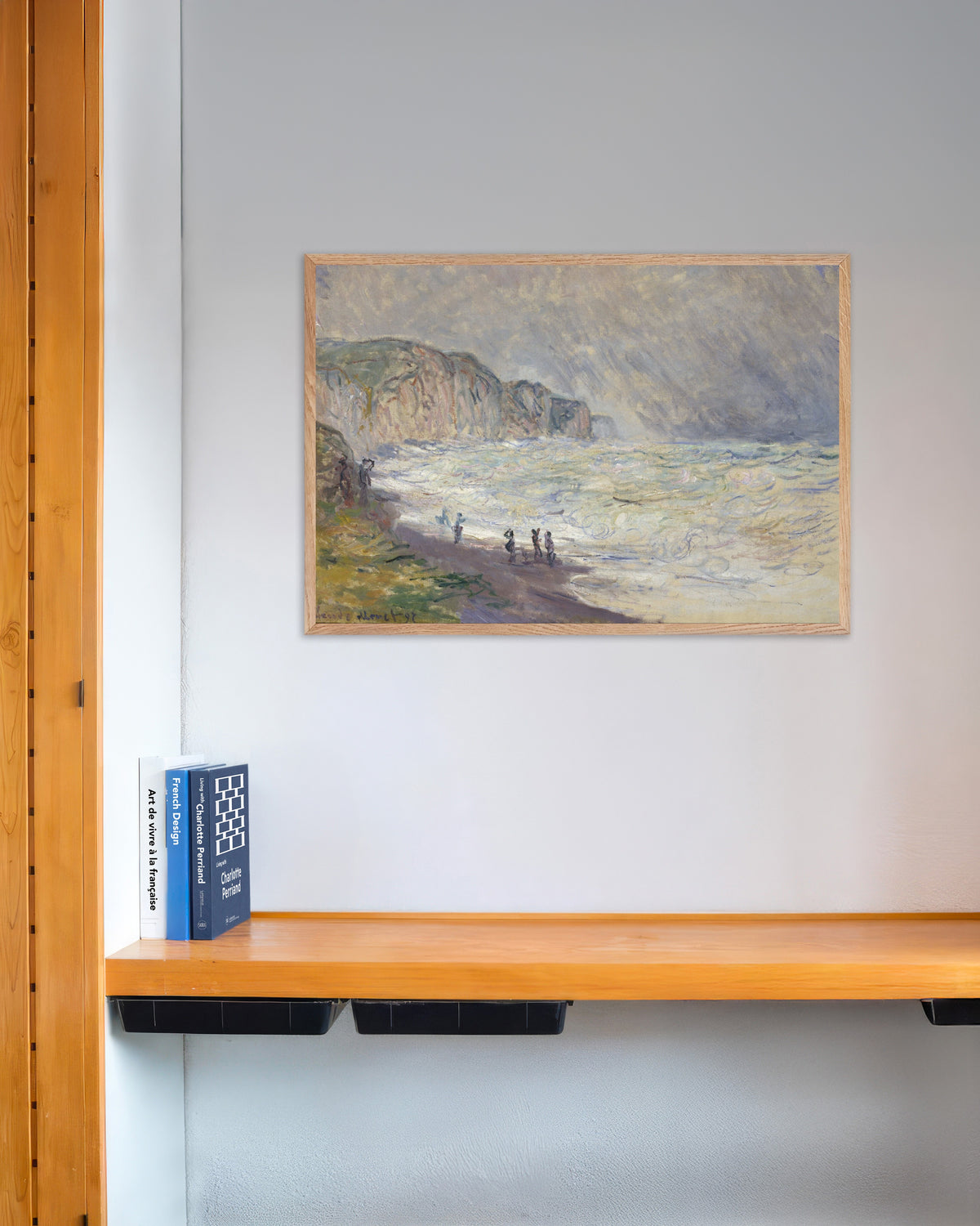 Plakat Høj sø ved Pourville (1897) af Claude Monet med ramme i naturtræ